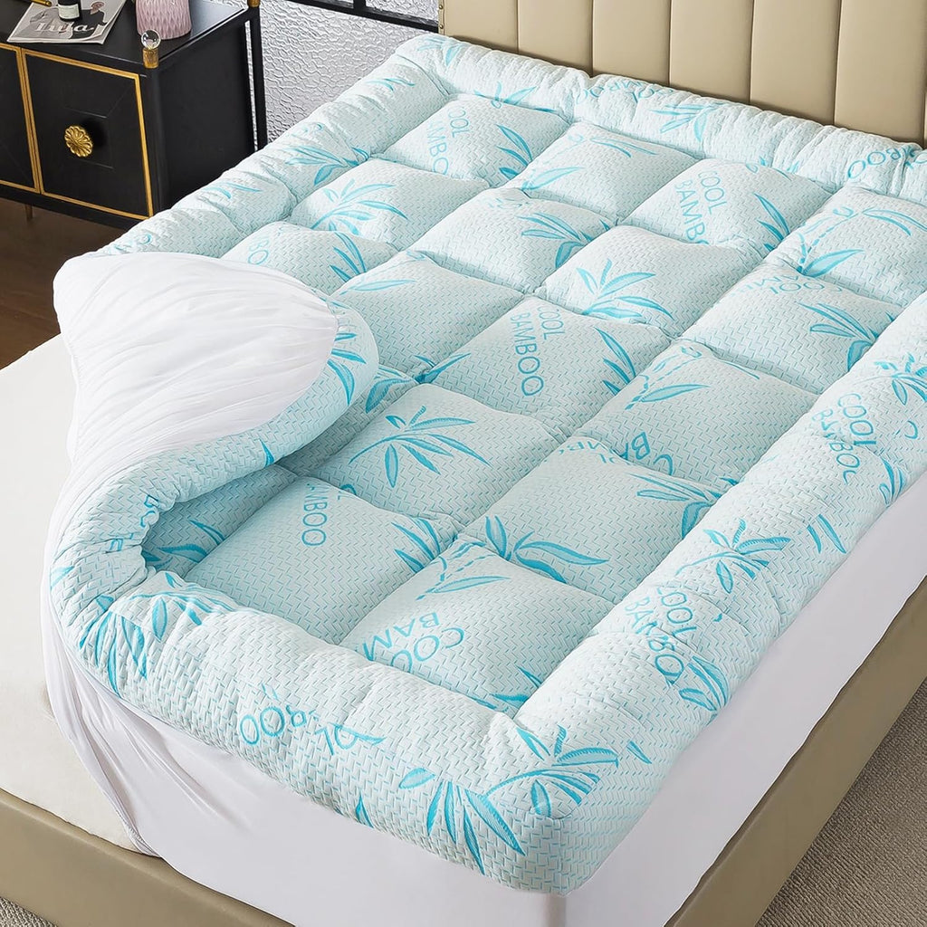 WhatsBedding 5 Inch King Mattress Topper Breathable Bamboo Viscose Air Layer,Memory Foam Mattress Topper King Size Blue.