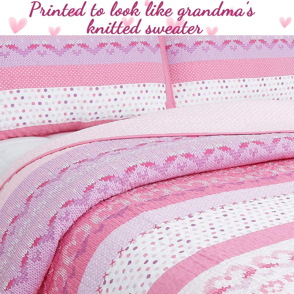Cozy Line Home Fashions Pink Butterfly Knit 100% Cotton Reversible Quilt Bedding Set, Coverlet, Bedspreads (Twin - 5 Piece: 1 Quilt + 1 Standard Sham + 3 Decorative Pillows)