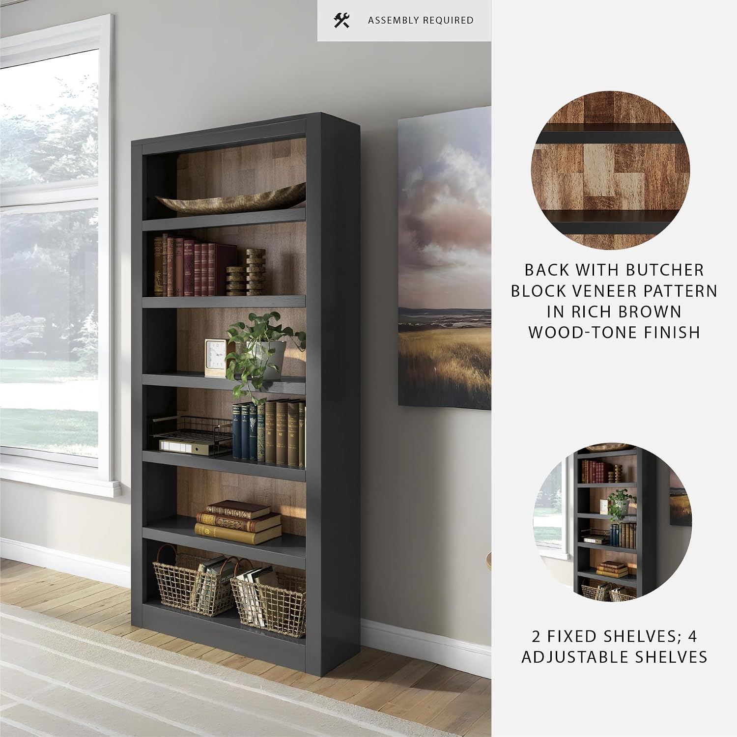 Signature Design by Ashley Wildenauer Farmhouse 75' Bookcase with 2 Fixed Shelves and 4 Adjustable Shelves, Black & Light Brown