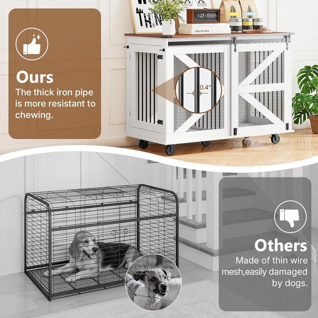 Yafylly 48 Inch XL Dog Crate, Wood XXL Dog Crate Furniture with Wheels, Flip-Top Feeding Door, Removable Divider, Farmhouse End Table Dog Crate with Sliding Barn Door, White