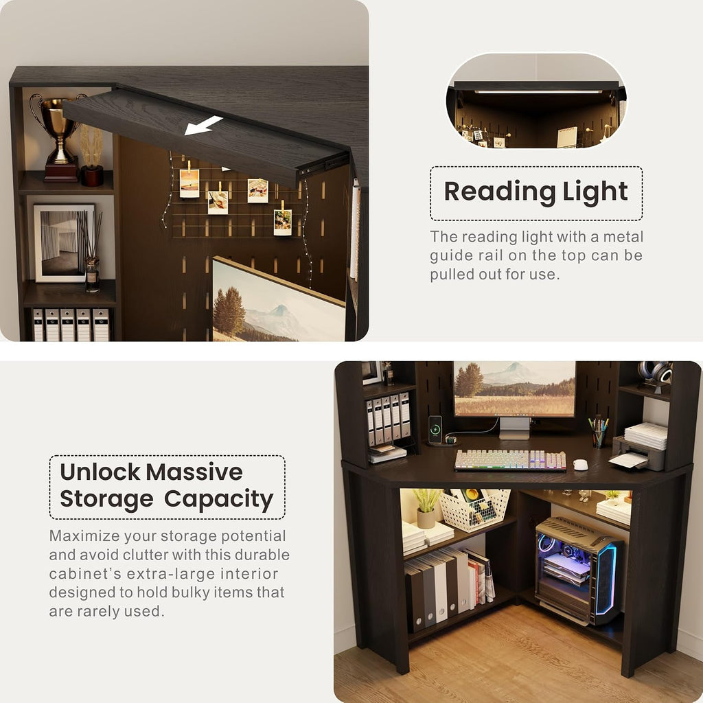 Corner Desk with - LED Reading Light, L-Shaped Computer Desk w/Hutch & Shelves, Home Office Desk w/Charging Station for Work & Study, File Cabinet Storage Bookshelf for Small Space (Black)
