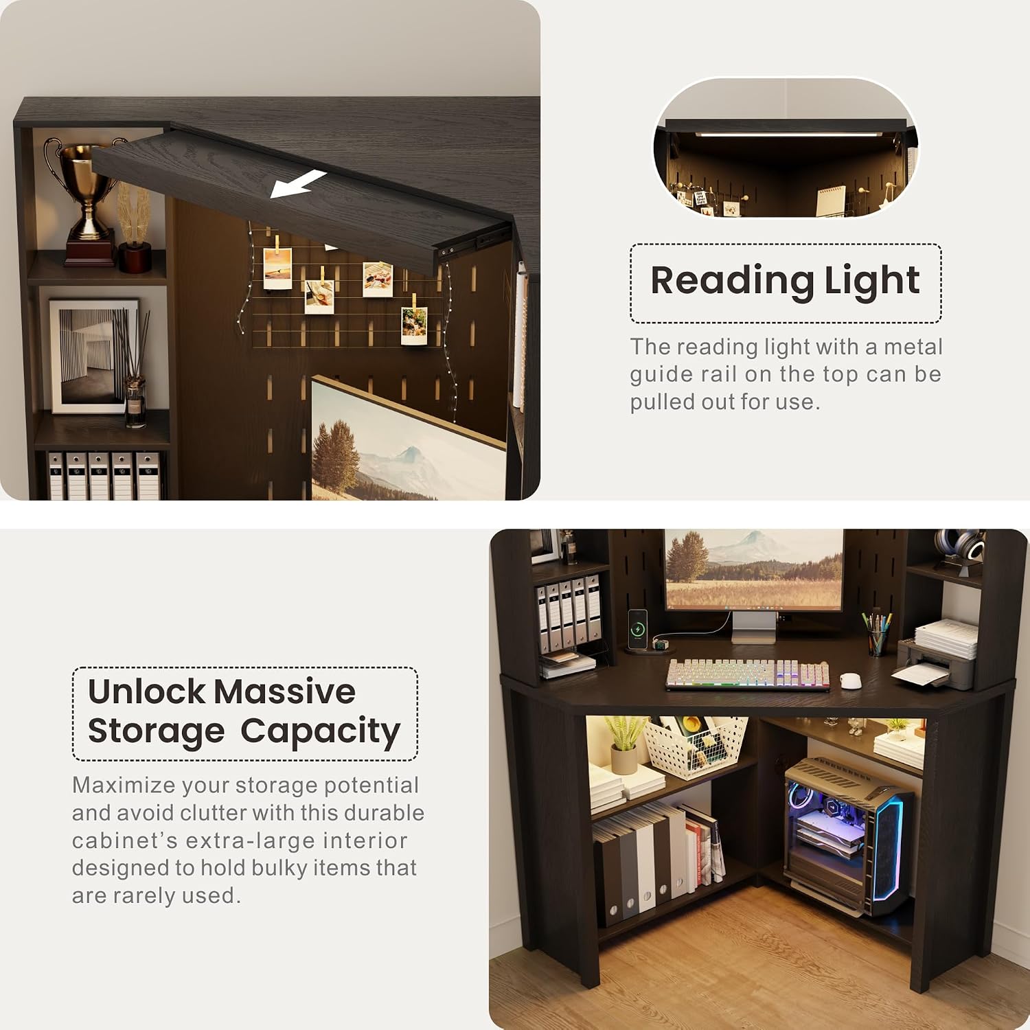 Corner Desk with - LED Reading Light, L-Shaped Computer Desk w/Hutch & Shelves, Home Office Desk w/Charging Station for Work & Study, File Cabinet Storage Bookshelf for Small Space (Black)