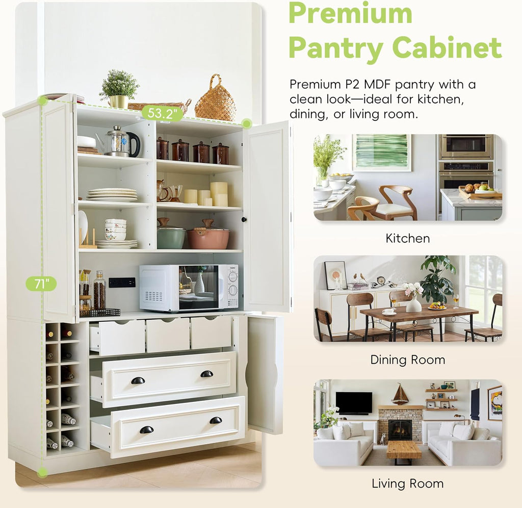 Farmhouse 71''H Large Kitchen Pantry, 53.2''Lx17.7''W Wood Dining Storage Cabinet Cupboard with 4 Foldable Doors, Power Outlet, Shelves, Wine Racks and Serving Trays (White-Fold D)