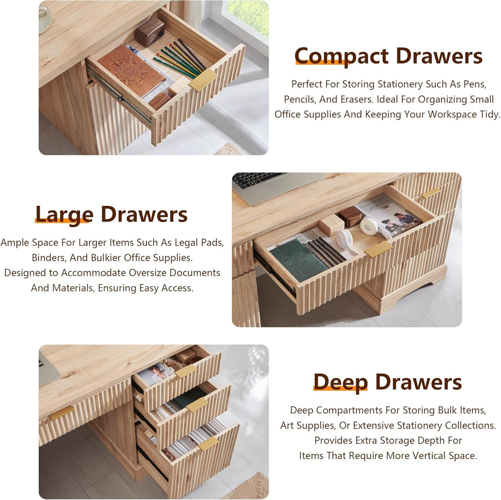 JXQTLINGMU 58' Modern Executive Desk with Storage, Wood Home Office Desk with 5 Drawers & 1 Cabinet, Fluted Computer Writing Desk for Study, Living Room, Bedroom, Oak