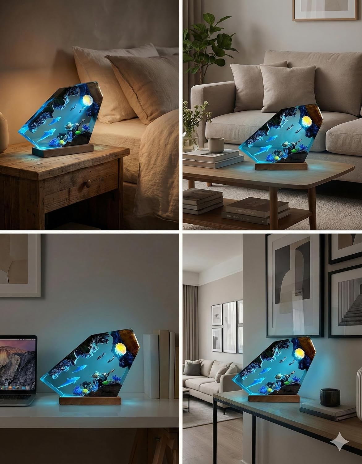 3D Resin Night Light,Ocean Theme LED Lighting epoxy Resin Decorative Light with Wooden Base, Suitable for Home Office Desk Decoration, is a Creative Birthday Gift for Women and Men.