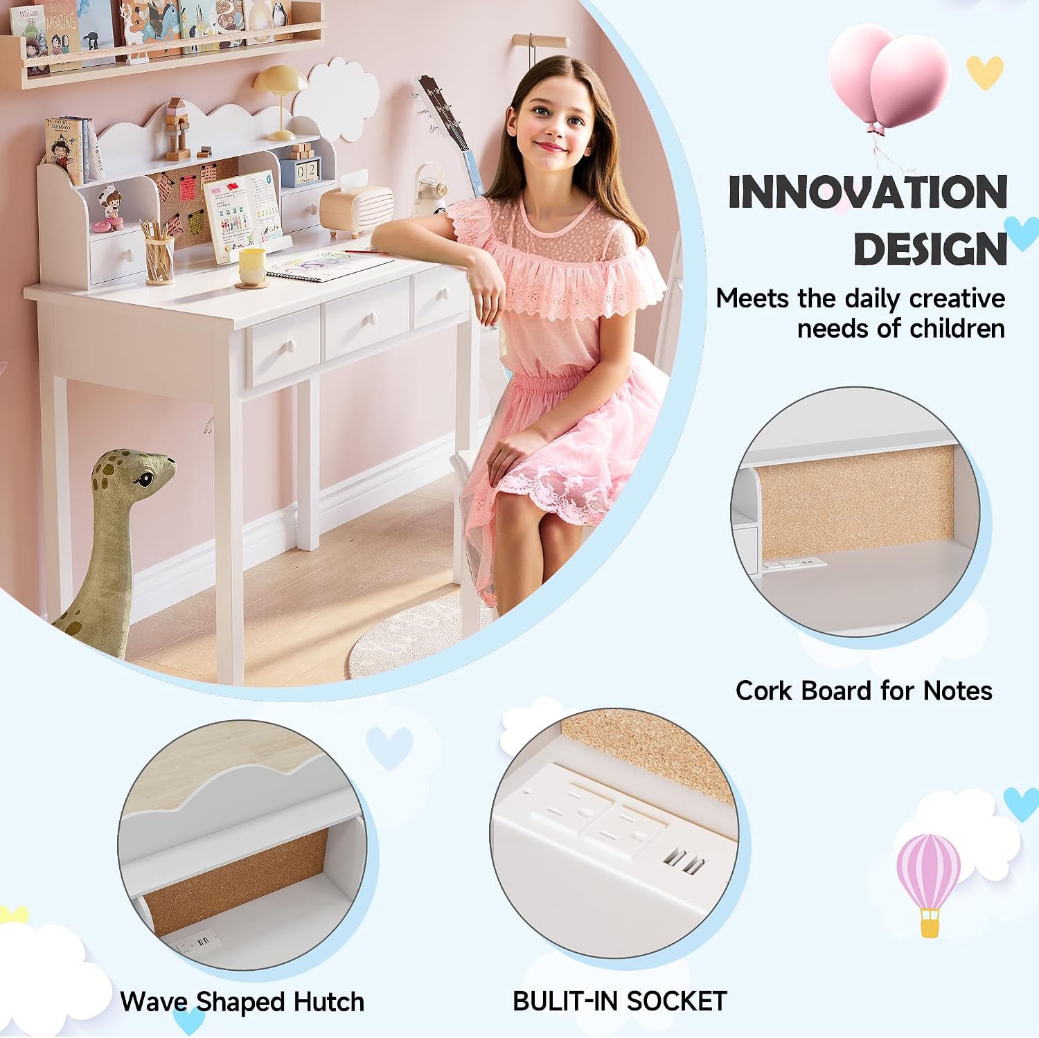 FUNKOCO Home Office Furniture Writing Desk, 36 Inch Computer Work Station with Detachable Hutch for Small Place, 5 Drawers(White)