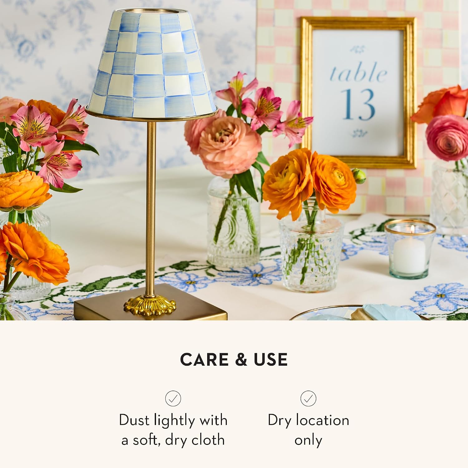 MACKENZIE-CHILDS LED Rechargeable Cafe Table Lamp, Cordless Decorative Lamp, Light-Blue-and-White Sky Check