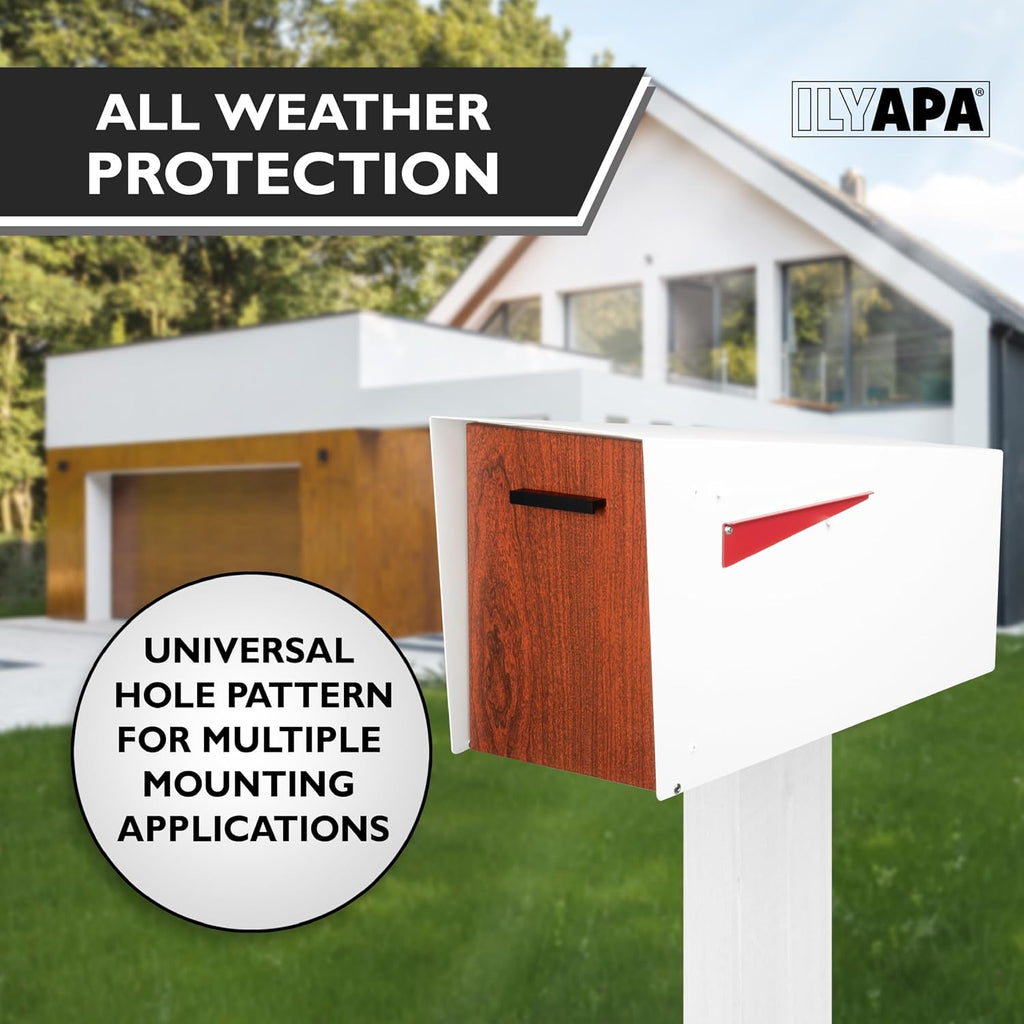 Ilyapa Modern Mailbox with Angle Design Post Mount - White Powder Coated Metal Mailbox with Wood Door - Waterproof for Parcels, Magnetic Close Door