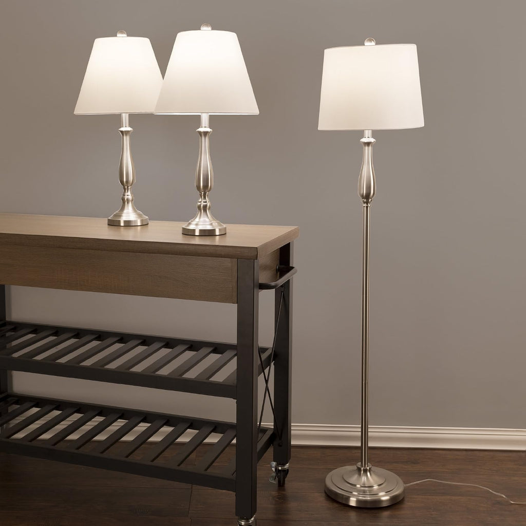 Lavish Home 3-Piece Home Lighting Set - Coordinating Bundle with 2 Table Lamps and 1 Floor Lamp for Home and Office Decor (Silver)