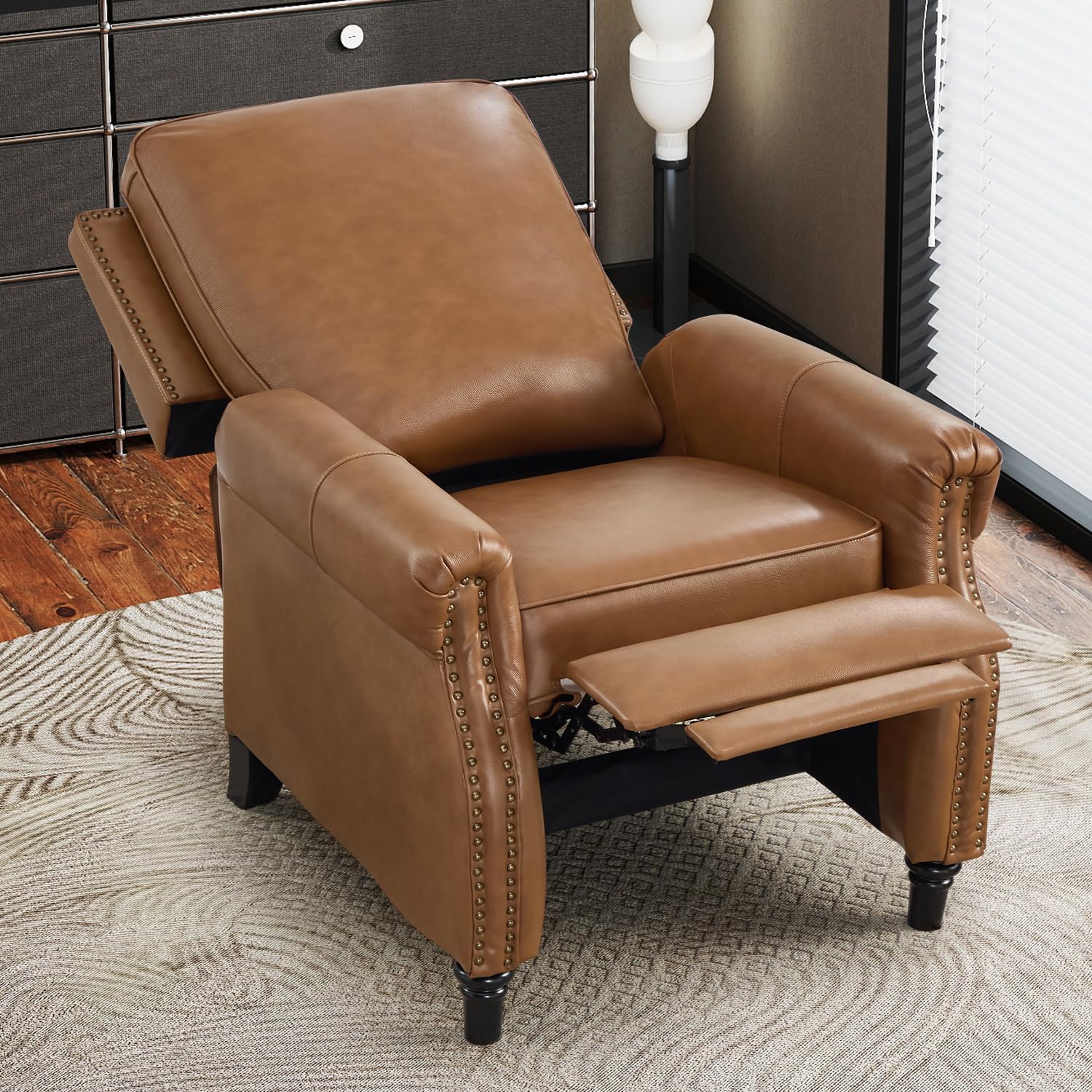 CANMOV Push Back Recliner Chair Set of 2, Genuine Leather Pushback Reclining Chair with Padded Seat, Wingback Recliner with Rivet Decoration Single Sofa Recliner for Living Room Apartment, Brown