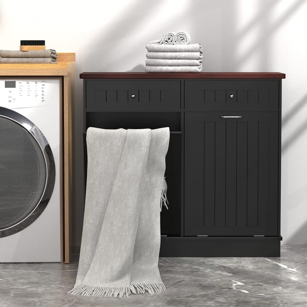 TOLEAD Tilt Out Trash Cabinet,Antique-Style Beadboard Kitchen Island with Solid Wood Tabletop & Drawer, Pet Proof Trash Can, Wood Laundry Cabinet (Black, Double Door)