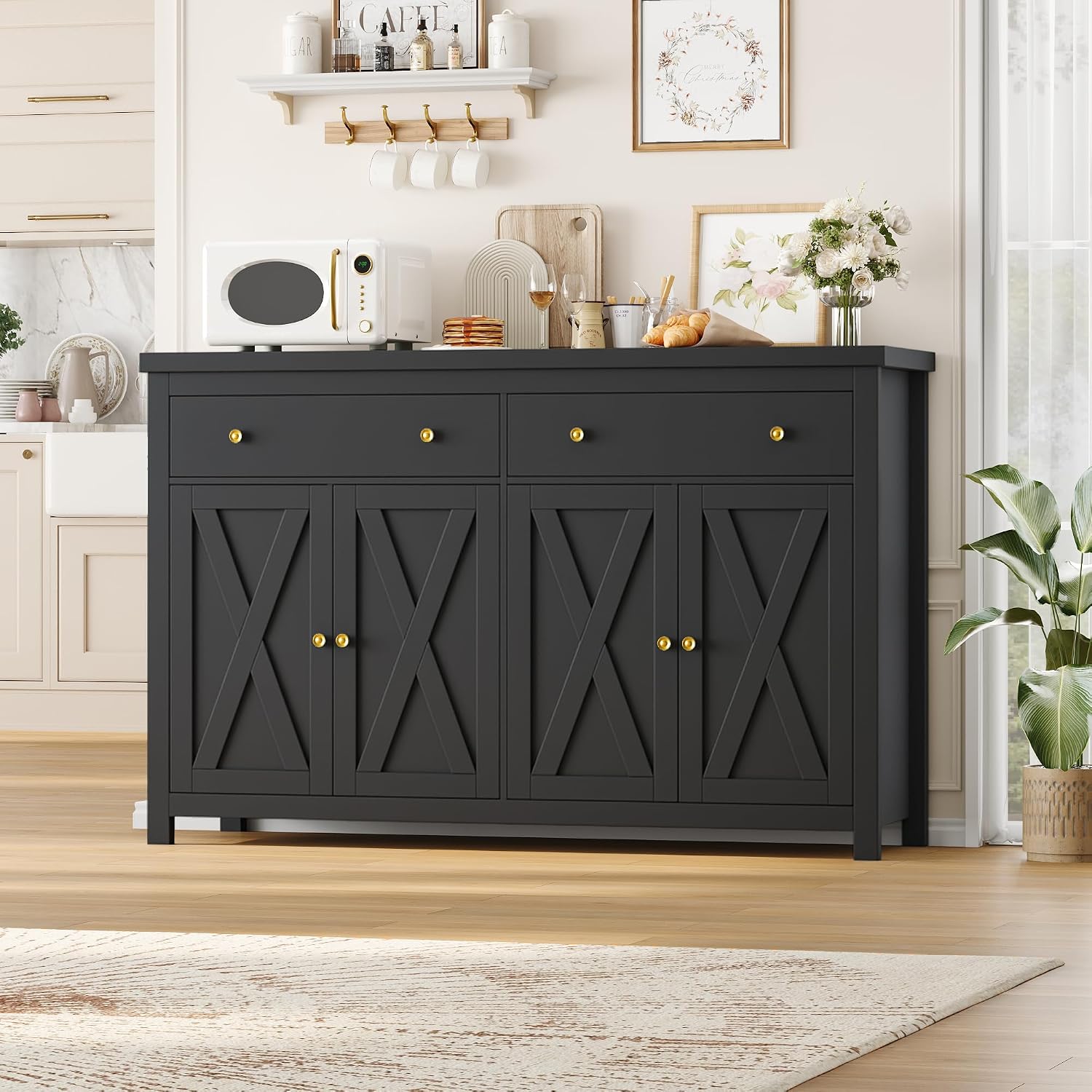 FOTOSOK Sideboard Buffet Cabinet with Storage, 55' Large Kitchen Storage Cabinet with 2 Drawers and 4 Doors, Wood Coffee Bar Buffet Table for Kitchen Dining Room, Black
