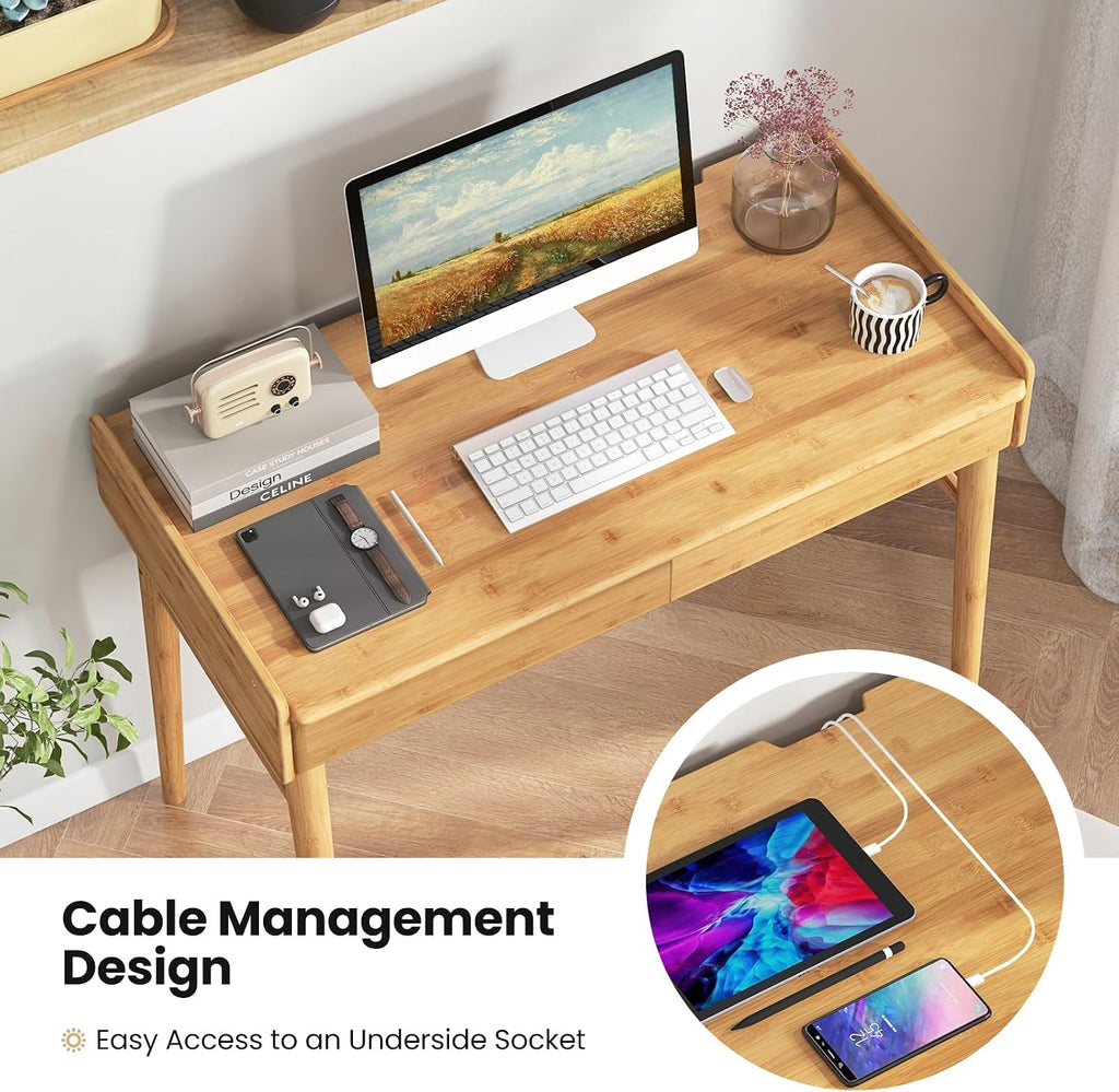 POWERSTONE 39.5' Writing Computer Desk, Modern Bamboo Home Office Desk with 2 Storage Drawers and One Shelf, Study Writing Table Workstation