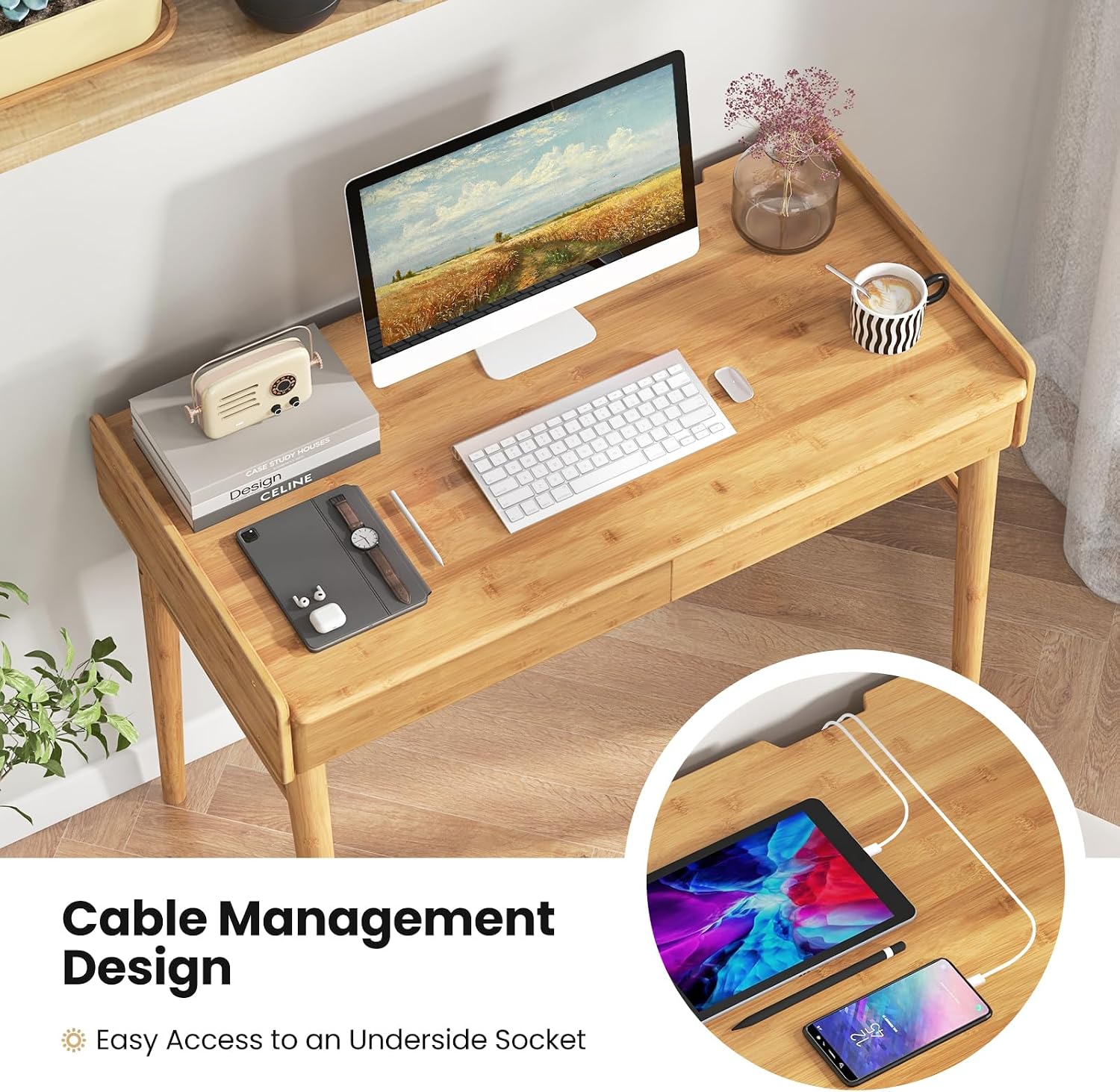 POWERSTONE 39.5' Writing Computer Desk, Modern Bamboo Home Office Desk with 2 Storage Drawers and One Shelf, Study Writing Table Workstation