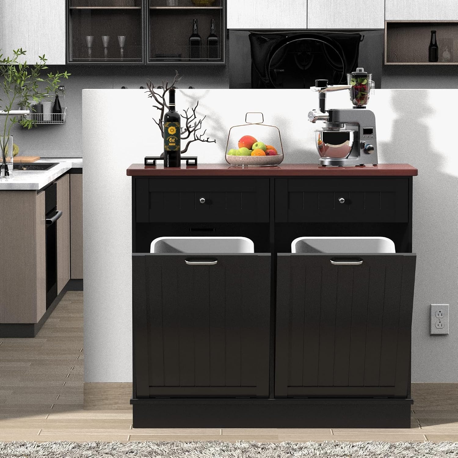 TOLEAD Tilt Out Trash Cabinet,Antique-Style Beadboard Kitchen Island with Solid Wood Tabletop & Drawer, Pet Proof Trash Can, Wood Laundry Cabinet (Black, Double Door)