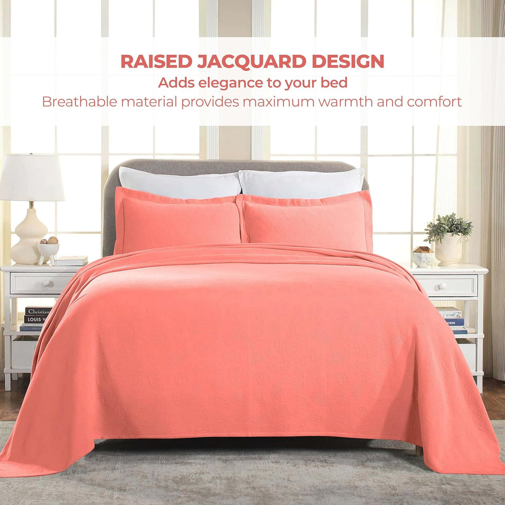 Superior Paisley 3 Piece Cotton Bedspread Set, Decorative Bed Spread, 2 Pillow Shams, Medium Weight Blanket, Matelasse Coverlet Bedding, Vintage Floral Pattern, Twin, Coral (Pack of 2)