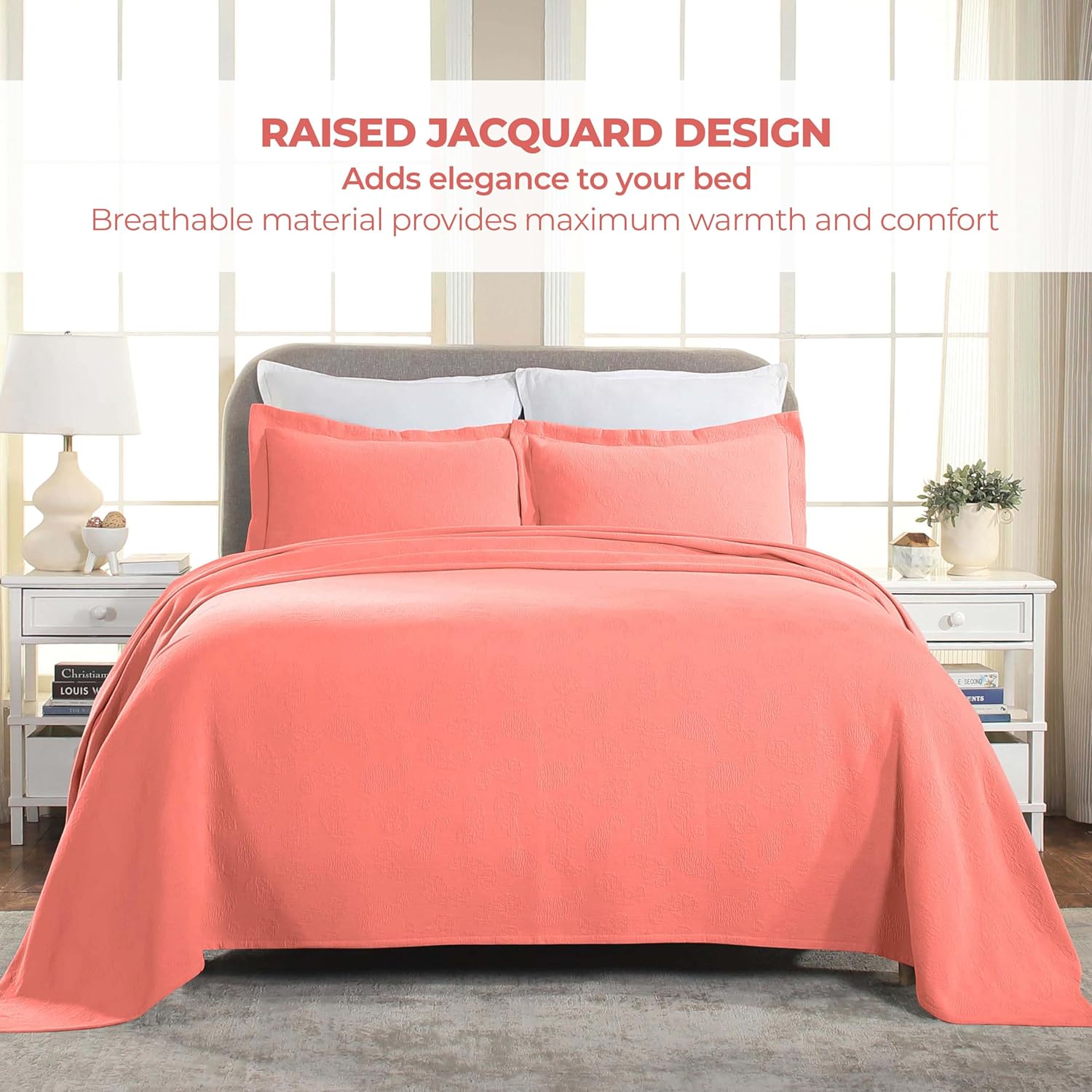 Superior Paisley 3 Piece Cotton Bedspread Set, Decorative Bed Spread, 2 Pillow Shams, Medium Weight Blanket, Matelasse Coverlet Bedding, Vintage Floral Pattern, Twin, Coral (Pack of 2)