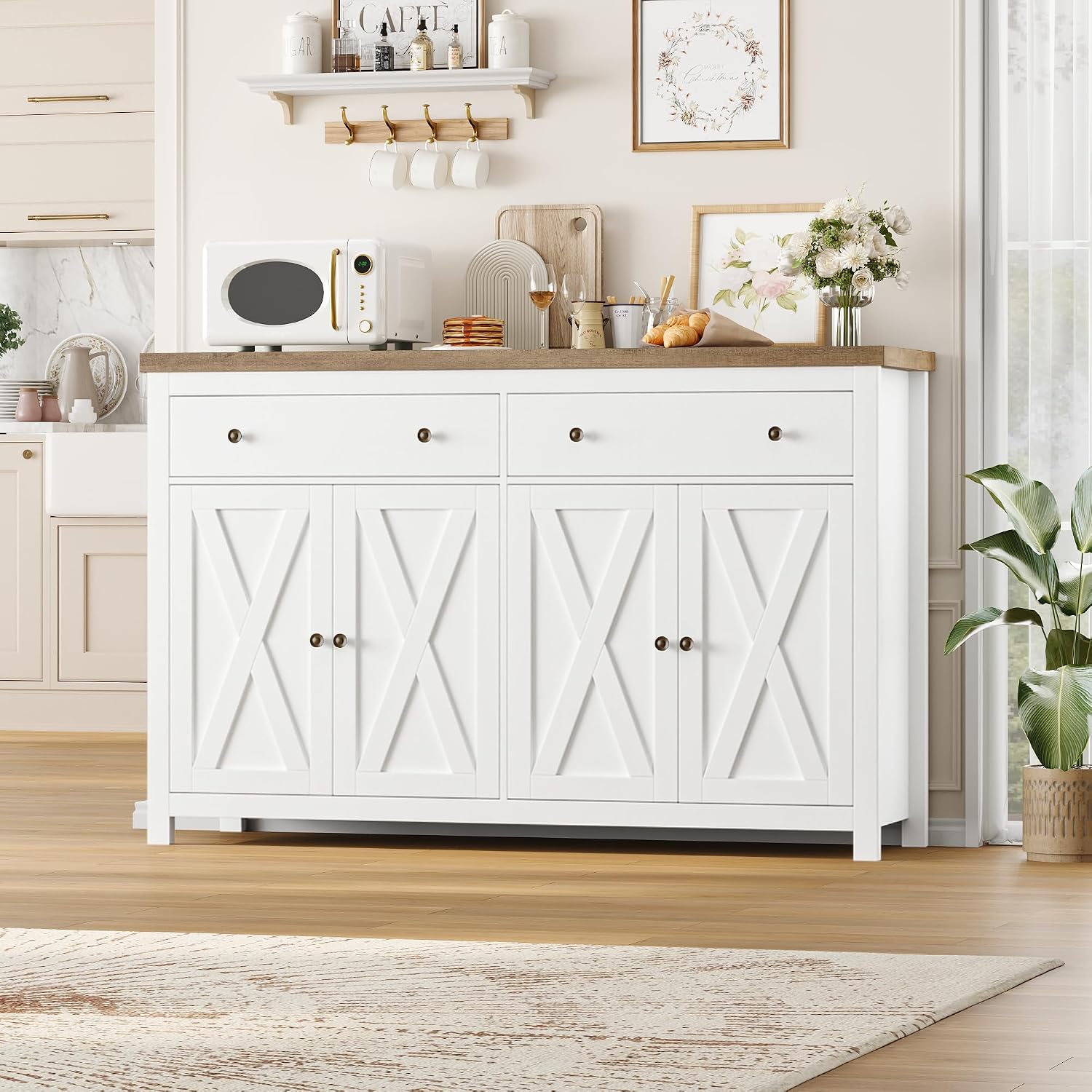 FOTOSOK Sideboard Buffet Cabinet with Storage, 55' Large Kitchen Storage Cabinet with 2 Drawers and 4 Doors, Wood Coffee Bar Buffet Table Console Table for Kitchen Dining Room, White