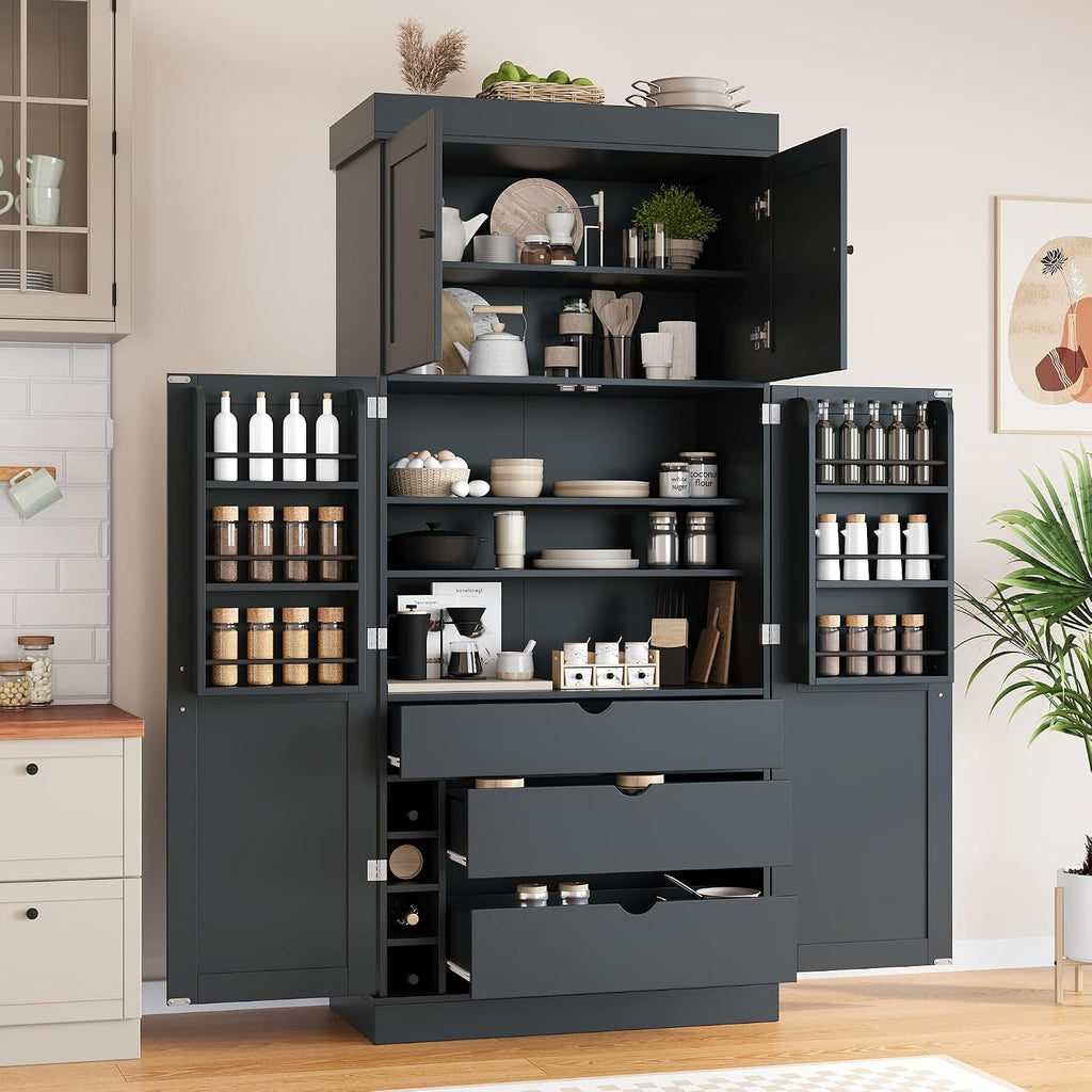 77'' Tall Freestanding Kitchen Pantry, 35''Lx17.7''W Wooden Kitchen Organizers Cupboard Storage Cabinet with Adjustable Shelves, Door Shelves, Drawers and Wine Racks (Grey-2.12)