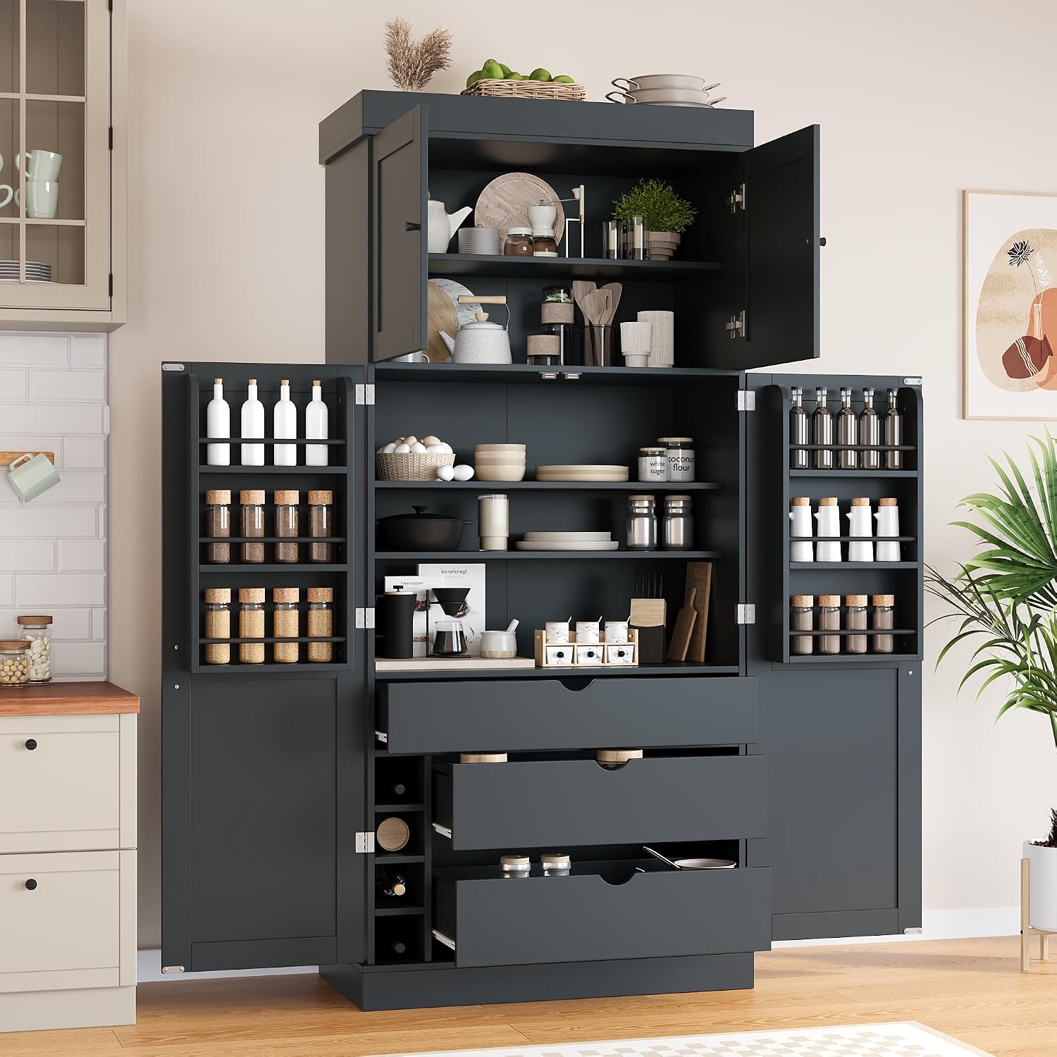 77'' Tall Freestanding Kitchen Pantry, 35''Lx17.7''W Wooden Kitchen Organizers Cupboard Storage Cabinet with Adjustable Shelves, Door Shelves, Drawers and Wine Racks (Grey-2.12)