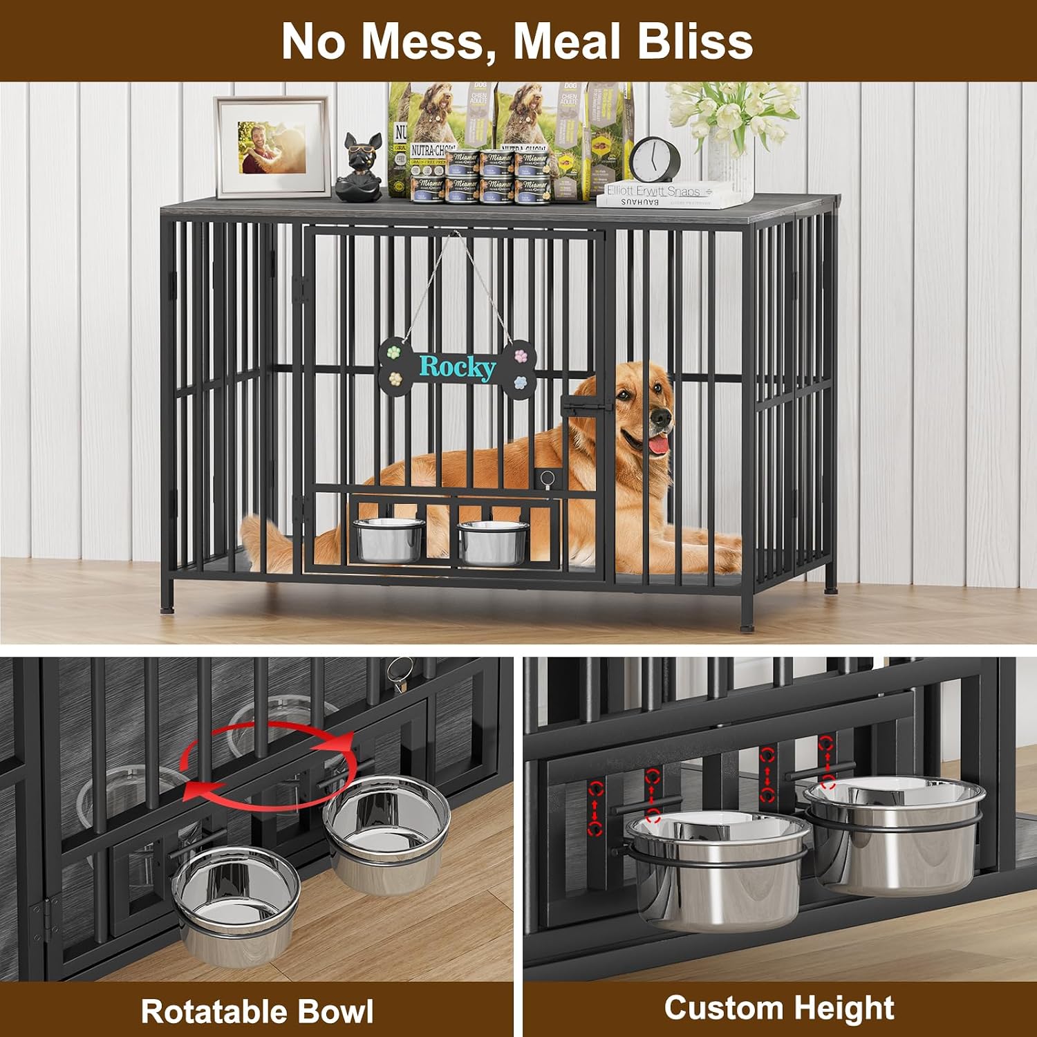 Easycom 43' Dog Crate Furniture Foldable, No Assembly Decorative Dog Kennel Indoor, XL Dog Crates for Large Dogs (60-80 lbs), Wooden Dog Cage with Adjustable Bowls and Name Tag, Dark Grey