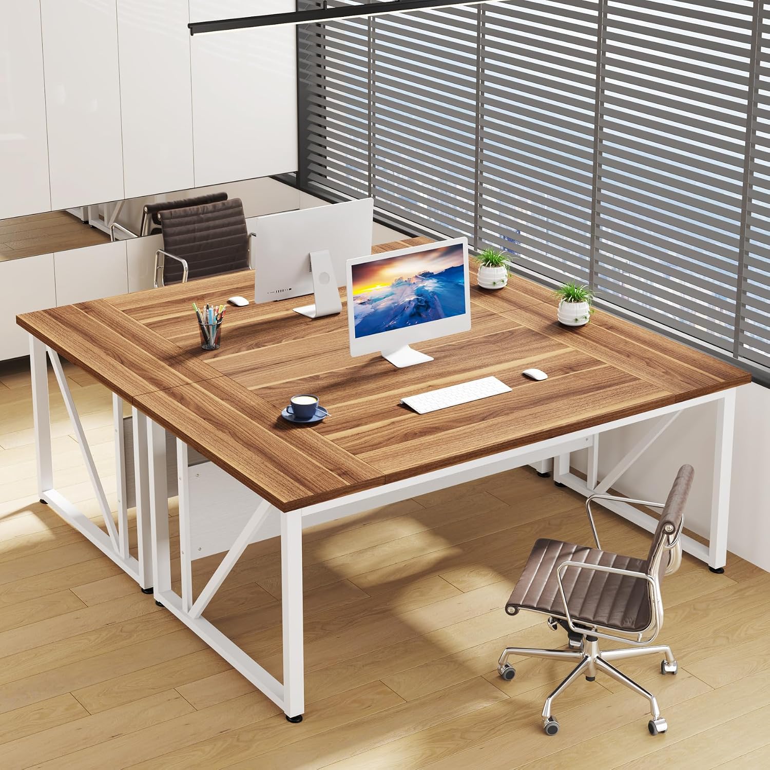 Tribesigns 63 inches Computer Desk with Bottom Storage Shelf Home Office Desk Writing Table for Workstation,Dark Walnut + Steel Leg， Cabinet not Included (Beige, 63-inch)