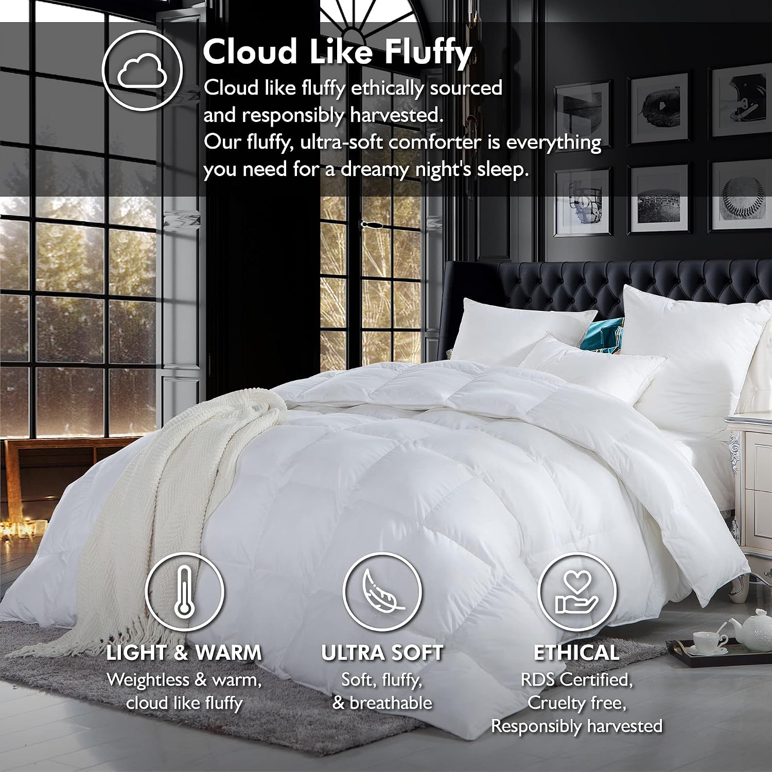 Luxurious Full/Queen Size Goose Down Fiber Waterfowl Feather Fiber Comforter Duvet Insert, Ultra-Soft 100% Cotton Cover, 60 oz. Fill Weight, All-Season White Solid Comforter