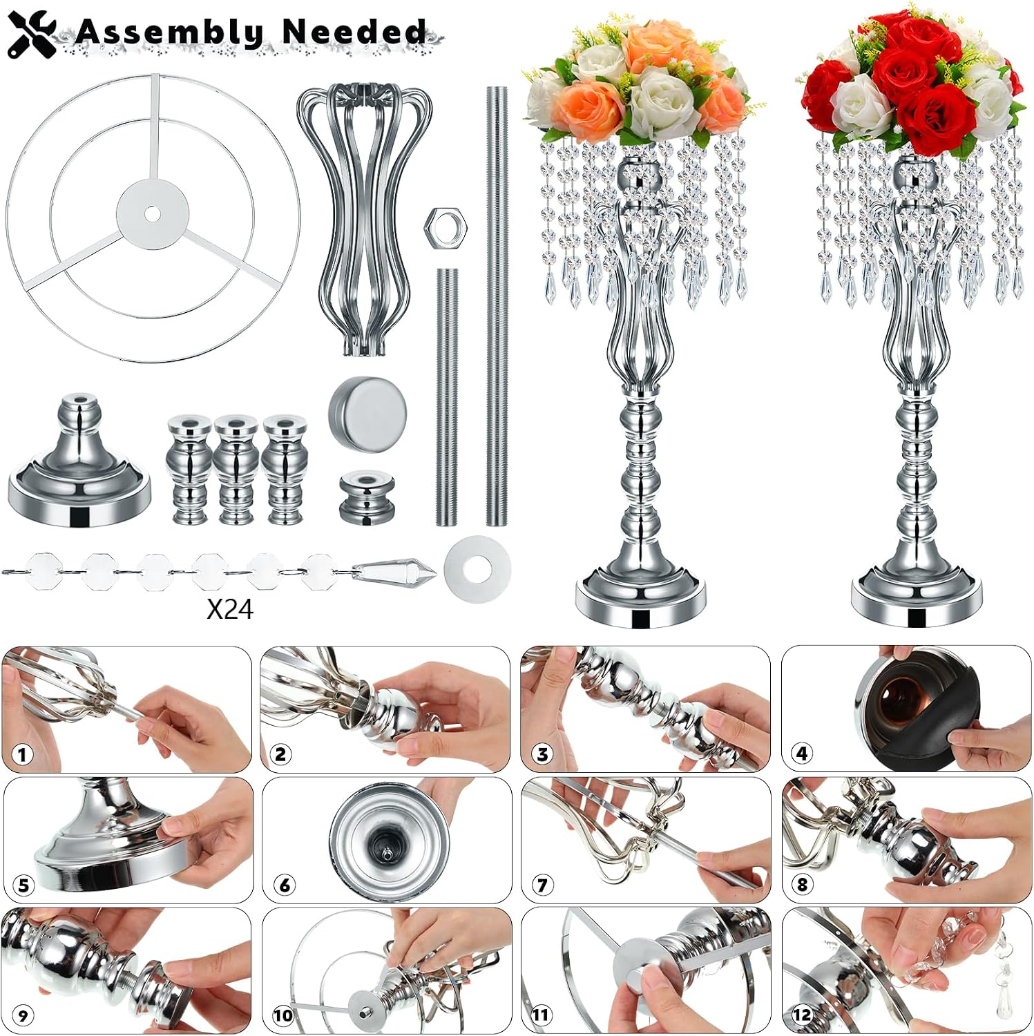 Didaey 16 Pcs Wedding Centerpieces for Tables, Gold Silver Vase Centerpiece with Chandelier Crystal Metal Flower Stand, Tall Flower Vases for Wedding Party Home Decoration(Silver,21.3')