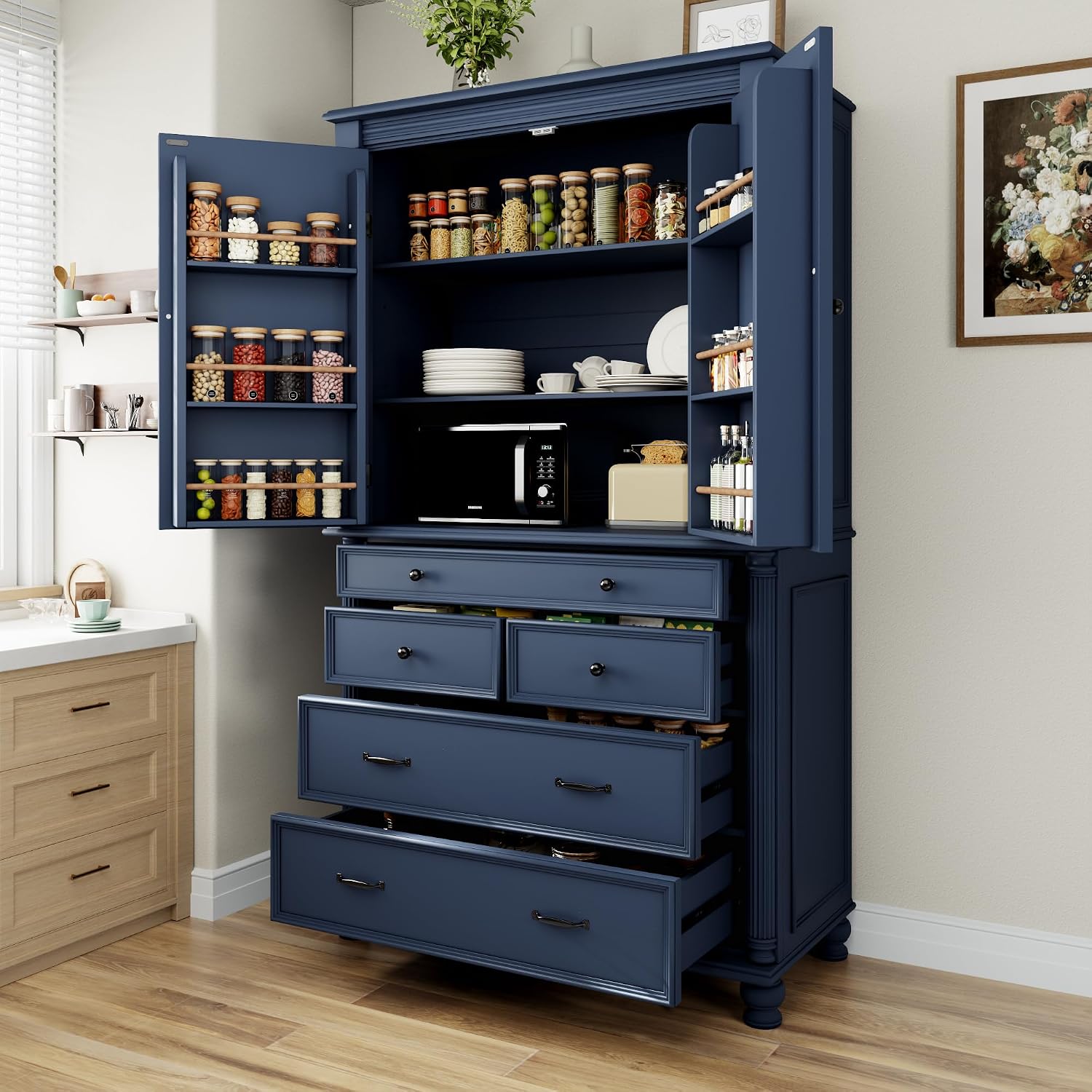77.3 inch Tall Kitchen Pantry Cabinet with 6 Door Shelves and 2 Adjustable Shelves, Wooden Storage Cabinet Cupboard with 6 Drawers for Kitchen, Dining (Blue-83)