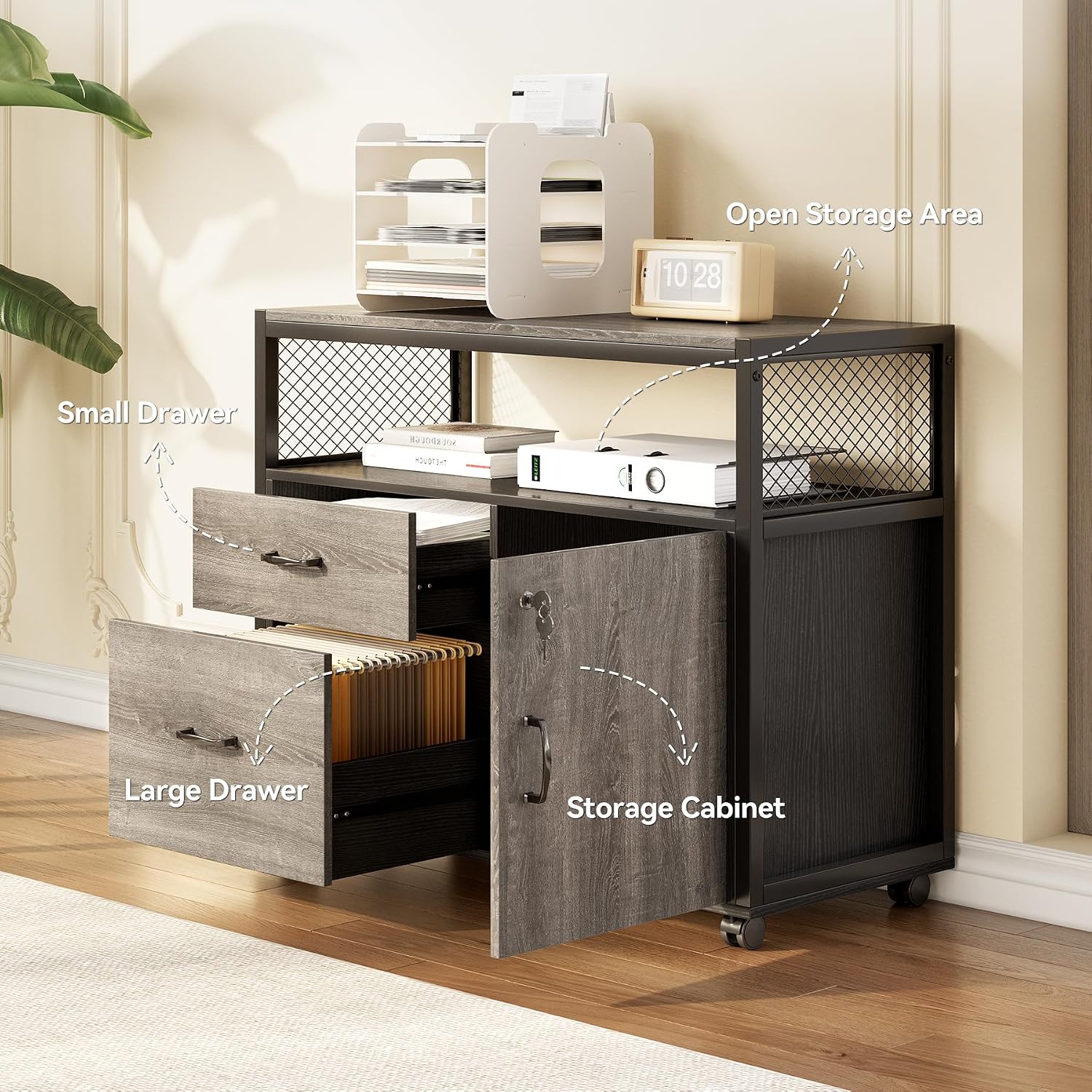 LITTLE TREE 55' Executive Computer Desk and Lateral File Cabinet, L-Shaped Office Desk for Home Office, Furniture Set, Grey
