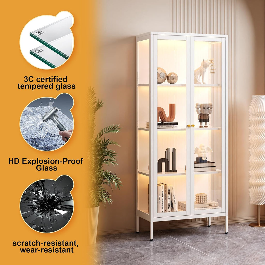 SteeLoong 66'Glass Display Cabinet with 3 Color LED Lights,Metal Curio Cabinet with Glass Doors,4-Tier Display Case for Collectibles,Book,Plant,White Storage Cabinets For Living Room-Assemble Required