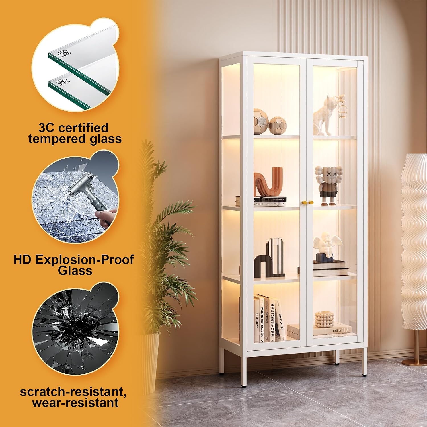 SteeLoong 66'Glass Display Cabinet with 3 Color LED Lights,Metal Curio Cabinet with Glass Doors,4-Tier Display Case for Collectibles,Book,Plant,White Storage Cabinets For Living Room-Assemble Required