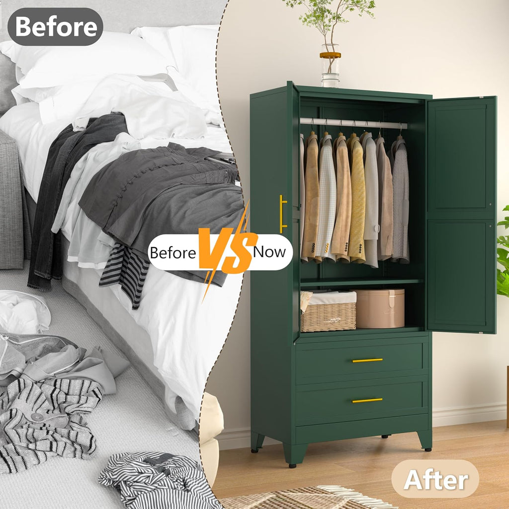 Metal Armoire Wardrobe Closet Storage Cabinet with Hanging Rod,71'' Metal Wardrobe Cabinet with 2 Drawers and Adjustable Shelf,2 Doors for Bedroom, Laundry Room, Cloak Room