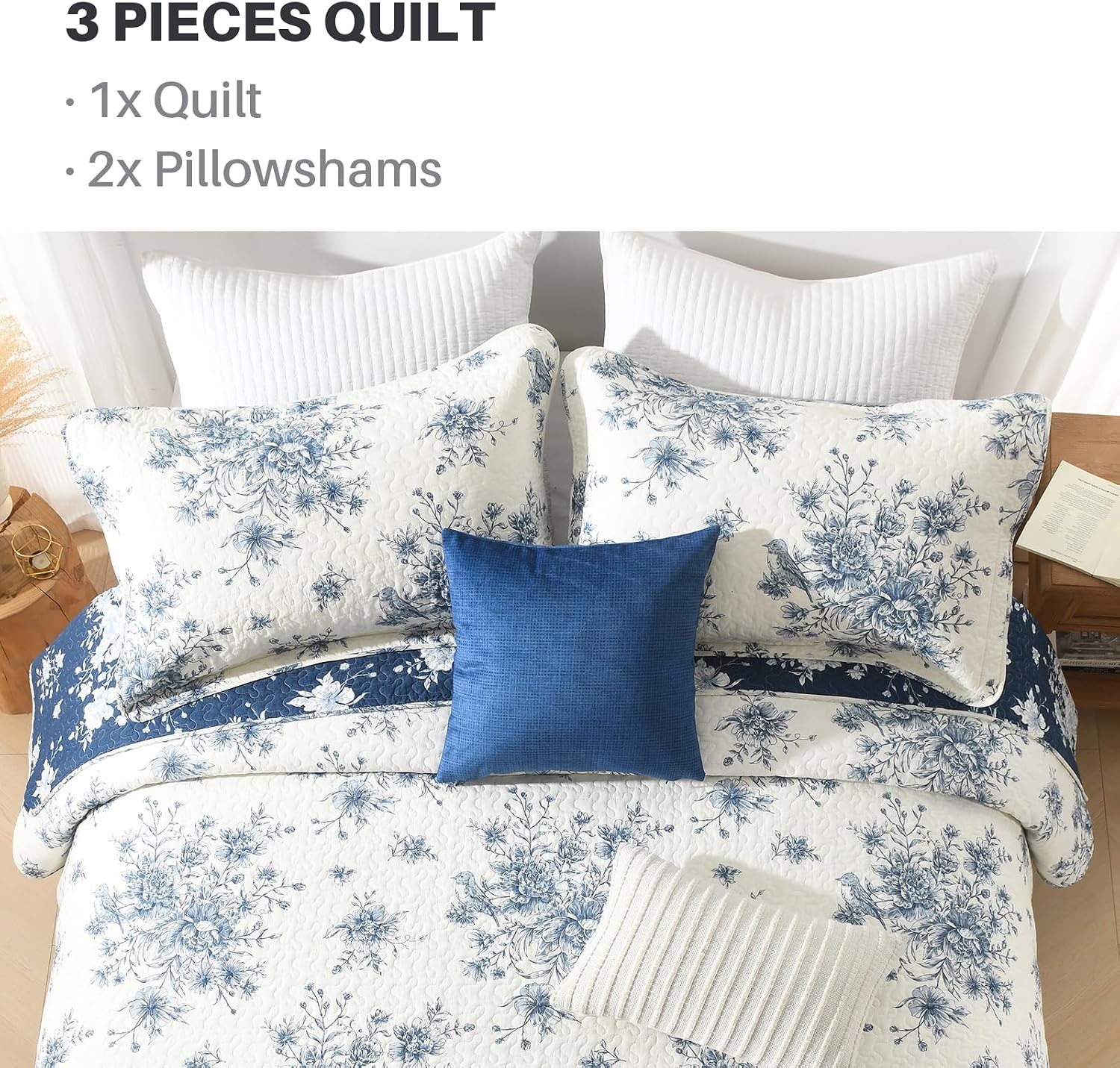 PANGUSHAN Quilt Set Queen Size - 100% Cotton Queen Comforter Set, Blue and White Farmhouse Bedspread with 2 Pillow Shams, Floral Reversible Lightweight Bedding, Queen Bed Spread for All Season, 3pcs