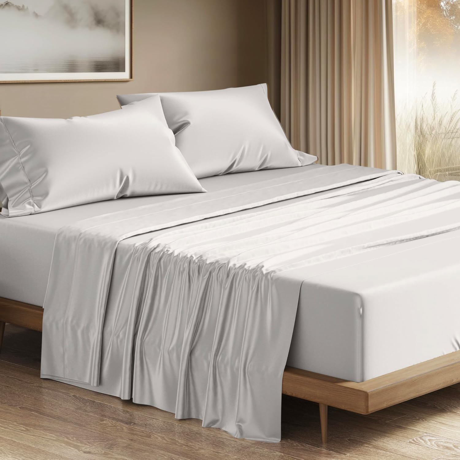 THREAD SPREAD 100% Egyptian Cotton Queen Sheets Set - 1200 Series Plush Collection Luxury Egyptian Cotton Sheets Queen Size Deep Pocket (4 PC, Light Grey), Soft, Cooling, Sateen Weave Sheet Set