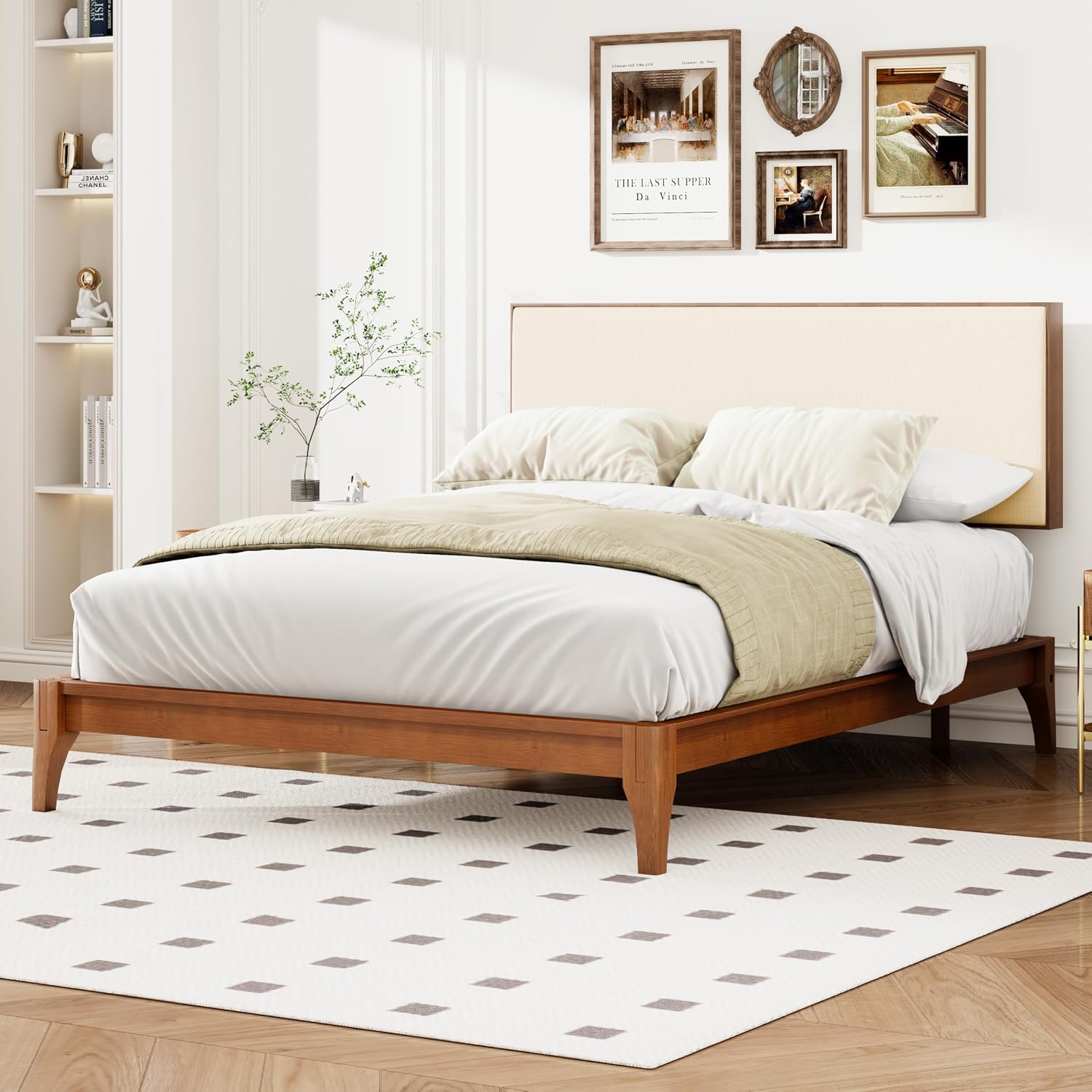 Merax King Size Bamboo Platform Bed, Mid-Century Modern Bed Frame with Upholstered Adjustable Headboard, Wood Slat Support, No Box Spring Needed, Easy Tool-Free Assembly, Brown+Beige