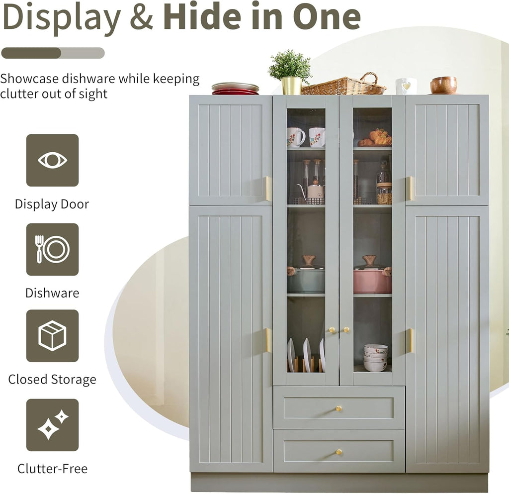 Modern Large Kitchen Pantry with 6 Doors, 53.2''Lx17.7''W Wood Storage Cabinet Cupboard with Drawers, Adjustable Shelves, Pull-Out Trays and Wine Rack for Dining Room (Green-4.19)