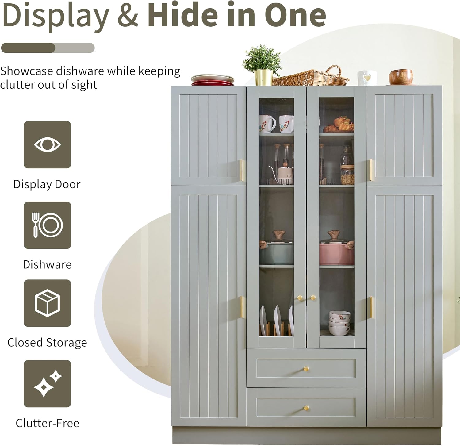 Modern Large Kitchen Pantry with 6 Doors, 53.2''Lx17.7''W Wood Storage Cabinet Cupboard with Drawers, Adjustable Shelves, Pull-Out Trays and Wine Rack for Dining Room (Green-4.19)