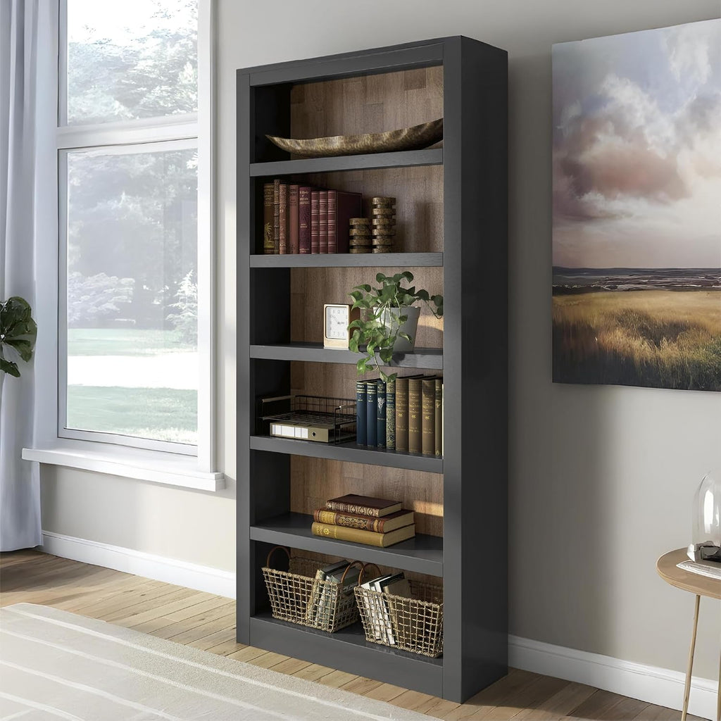 Signature Design by Ashley Wildenauer Farmhouse 75' Bookcase with 2 Fixed Shelves and 4 Adjustable Shelves, Black & Light Brown