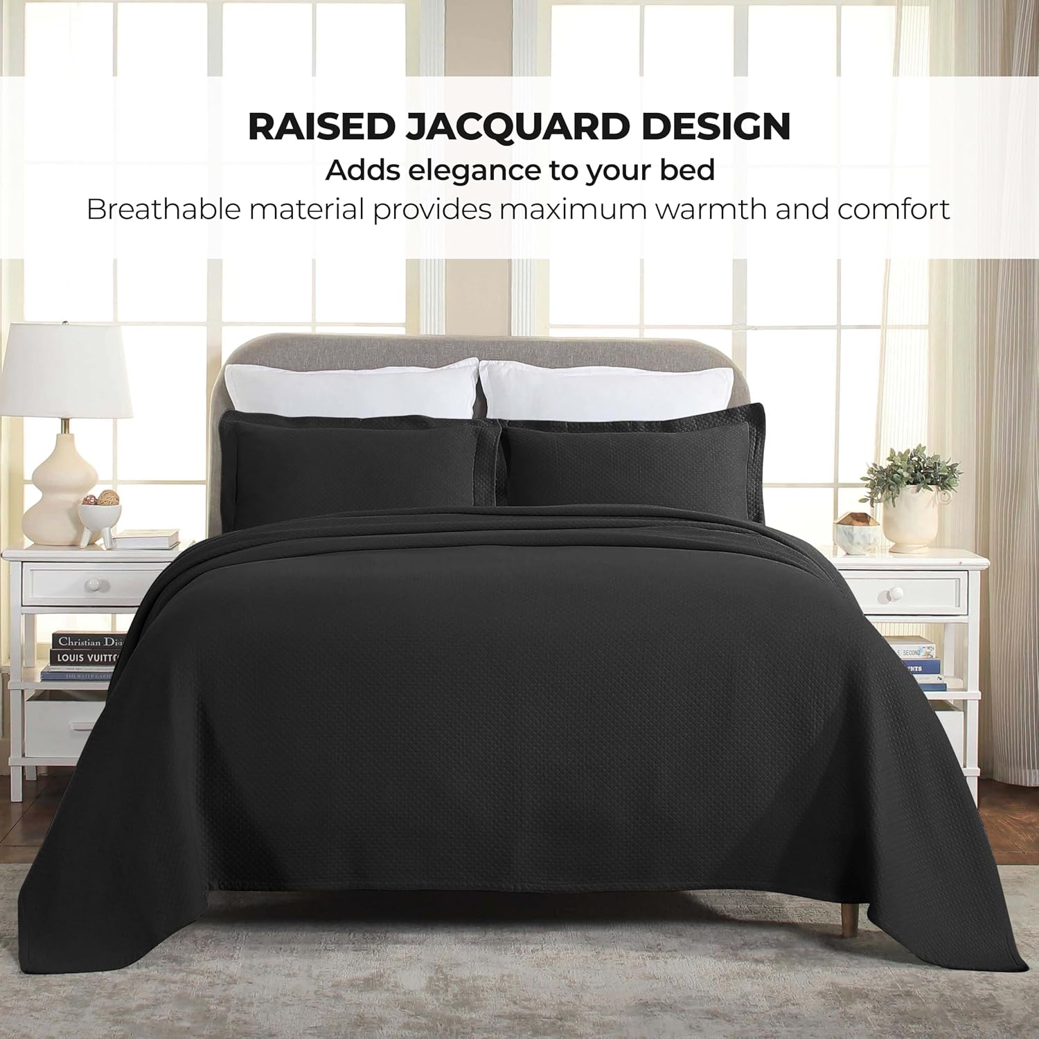Superior Solitaire Cotton 3 Piece Bedspread Set, Home Bed Decor, Decorative Textured Bed Spread, 2 Pillow Shams, Airy Blanket, Matelasse Coverlet Bedding, All-Season Accent Blanket, Queen, Black