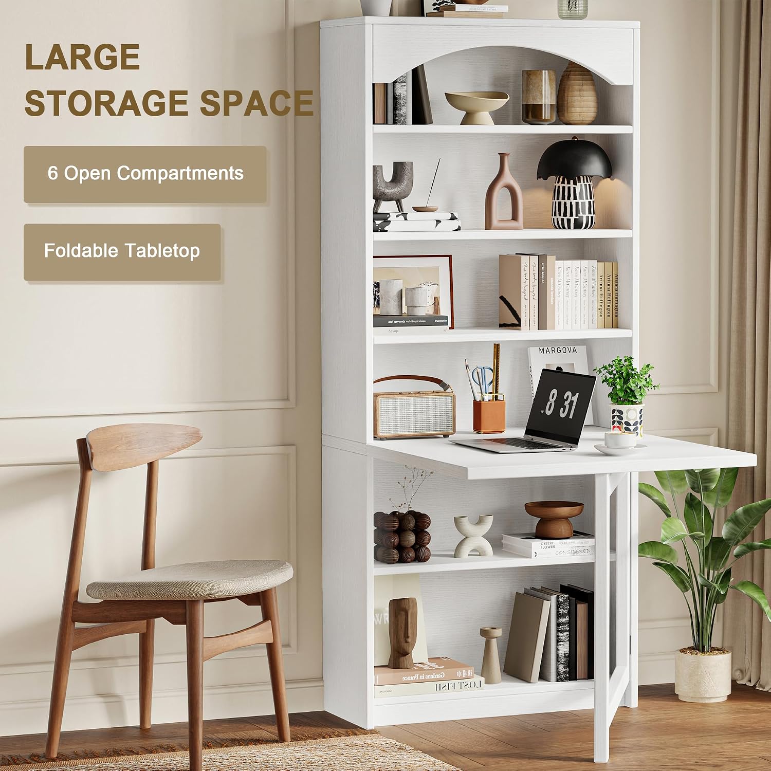 Einhomn Folding Desk with Storage, Space-Saving Foldable Convertible Writing Table, Wall Mount Fold Out Computer Desk for Home Office, Craft Room, Living Room, Bedroom, White