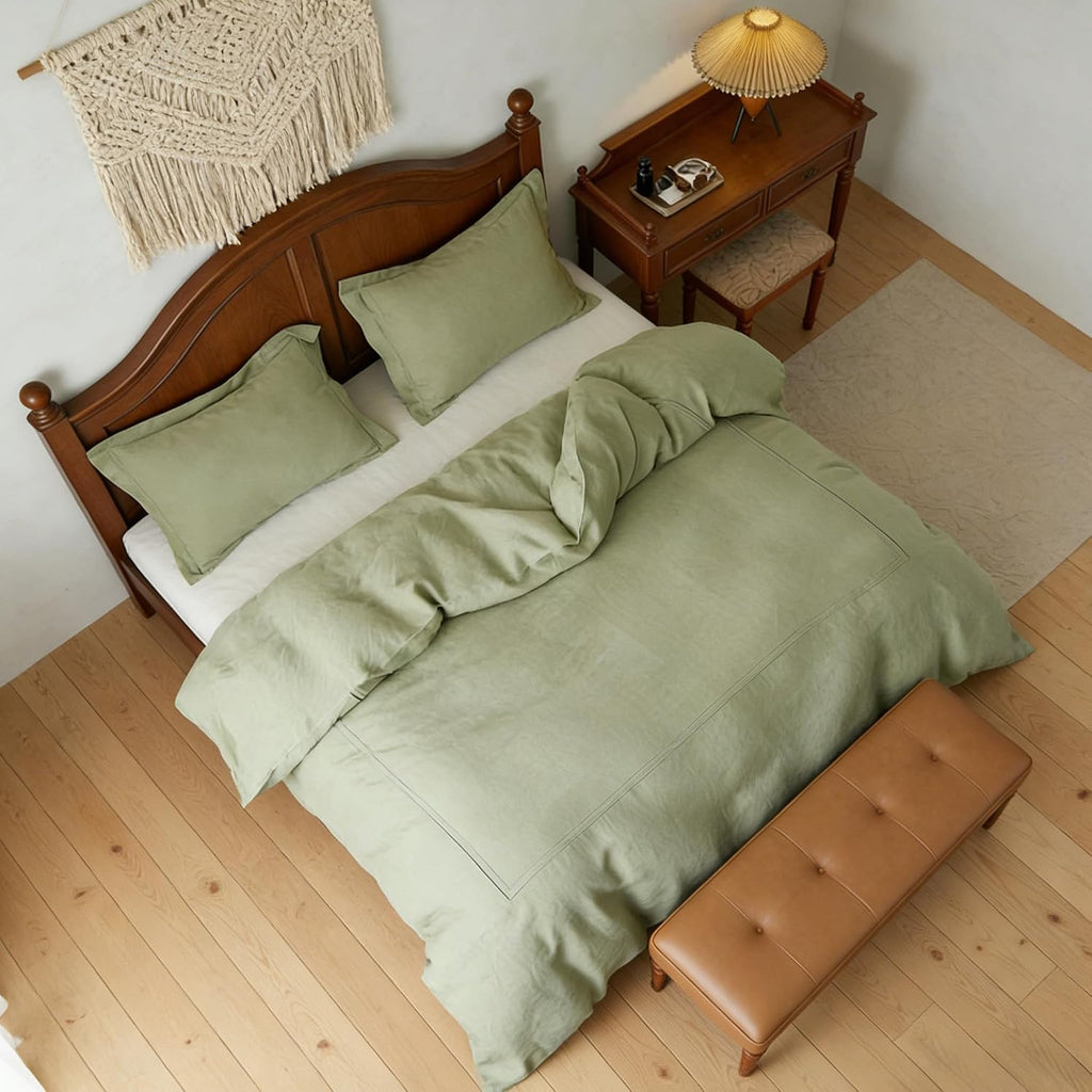 Simple&Opulence 100% Washed Linen Duvet Cover Set 88'x92' - 3 Pieces Soft Farmhouse Comforter Set Double Embroidered with Button Closure - 1 Duvet Cover and 2 Pillowshams (Sage Green, Queen)
