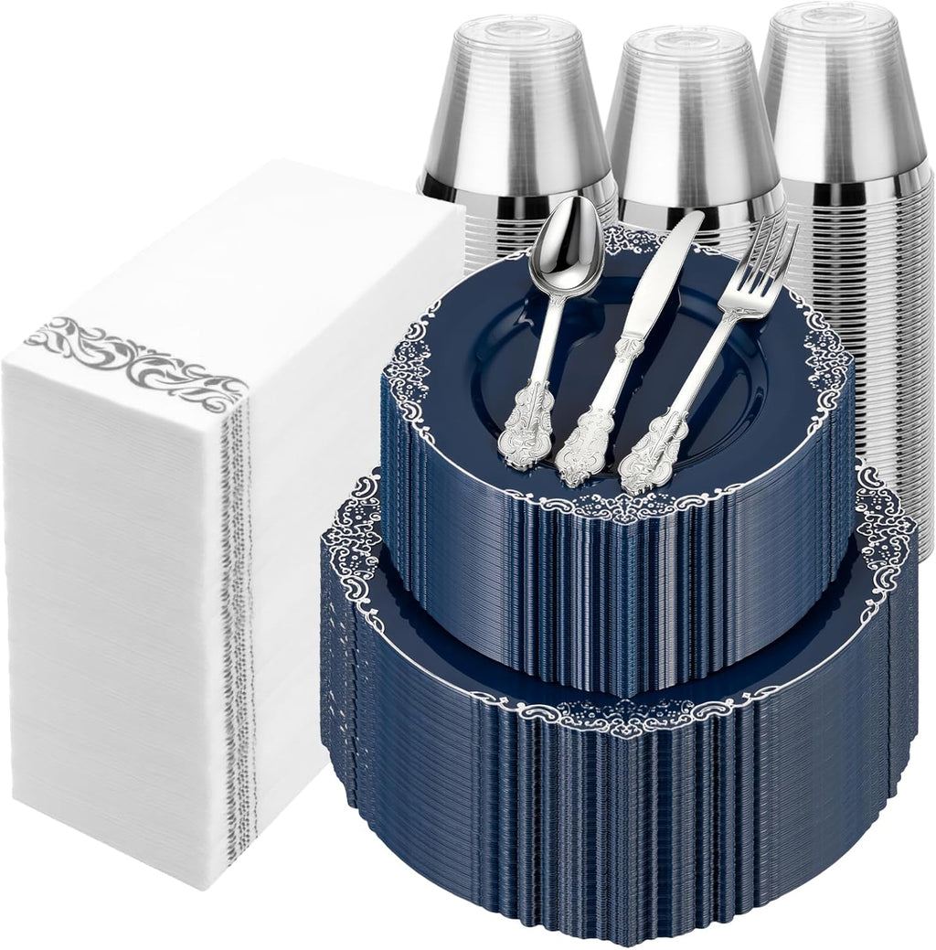 Bestluck 700PCS Navy Blue Plastic Plates for 100 Guests, Disposable Plates with Silver Trim include 100 Dinner plates, 100 Dessert Plates, 100 Gold Silverware, Cups and Napkins for Party, Graduation