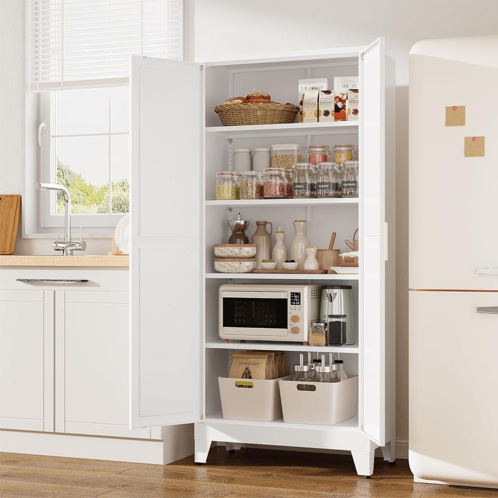 71' Tall Pantry Cabinet, White Metal Pantry Storage Cabinet, Kitchen Pantry Storage Cabinets with 2 Door and 4 Adjustable Shelves (White, 71' H)