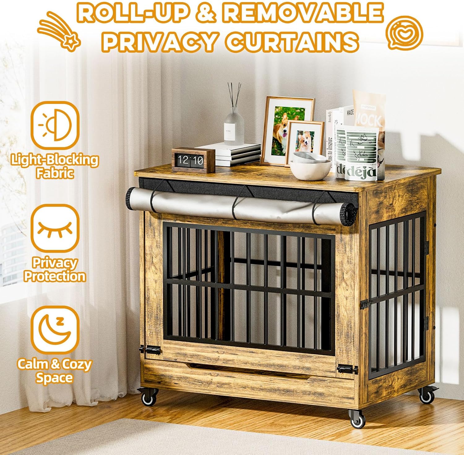 32' Dog Crate Furniture, Double Door Wooden Indoor Dog Kennel Furniture, Decorative Pet Cage End Table with Wheels for Medium and Small Breed Dogs, Size M, Rustic Brown