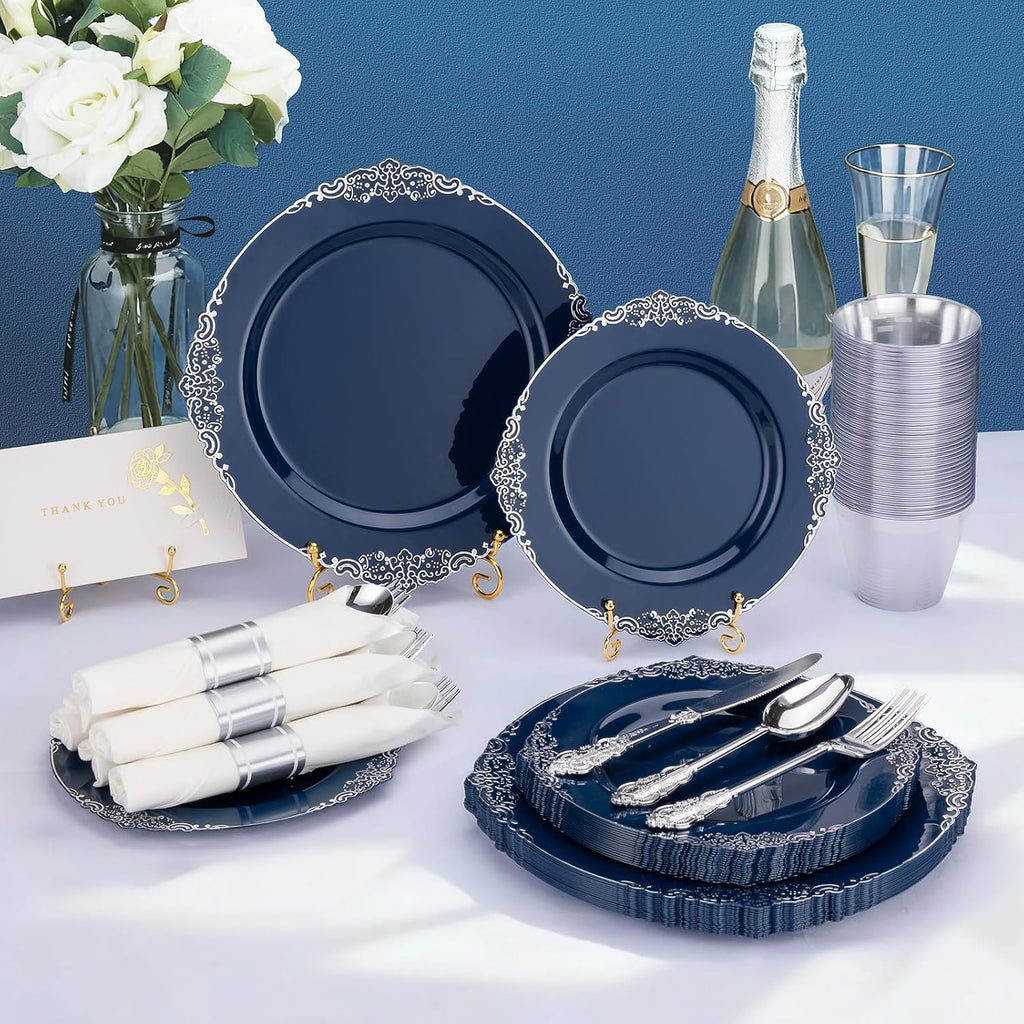 Bestluck 700PCS Navy Blue Plates for 100 Guests, Disposable Dinnerware Sets Include 100 Plastic Plates, 100 Silverwares, 100 Cups, and 100 Pre Rolled Napkins for Party, Wedding and Graduation