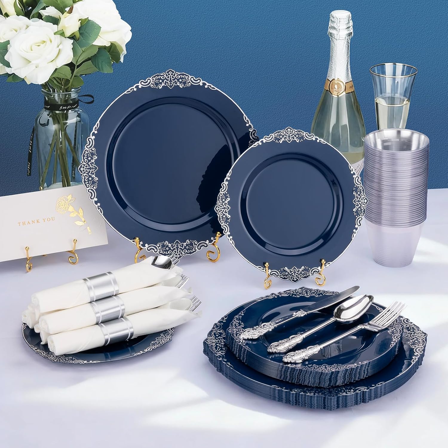 Bestluck 700PCS Navy Blue Plates for 100 Guests, Disposable Dinnerware Sets Include 100 Plastic Plates, 100 Silverwares, 100 Cups, and 100 Pre Rolled Napkins for Party, Wedding and Graduation