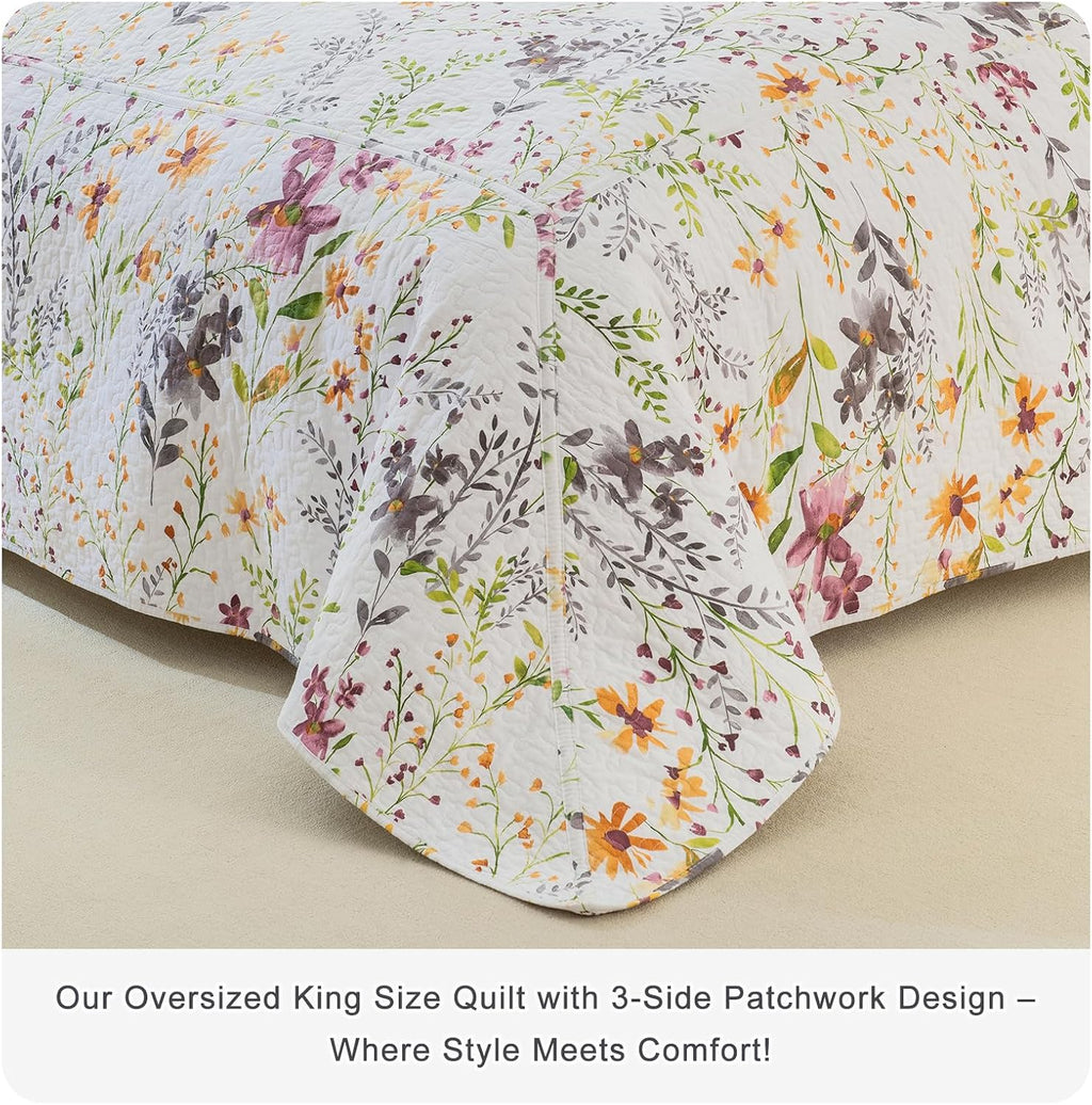 Sanracie Oversized King Bedspread(120'x120'),100% Cotton Floral Quilt Set 3Pcs Soft Lightweight Yellow Wild Flower Botanical Printed Pattern Oversized King Quilt Bedding Coverlet for All Seasons