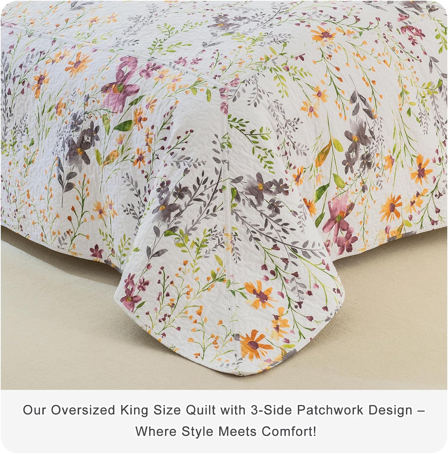 Sanracie Oversized King Bedspread(120'x120'),100% Cotton Floral Quilt Set 3Pcs Soft Lightweight Yellow Wild Flower Botanical Printed Pattern Oversized King Quilt Bedding Coverlet for All Seasons