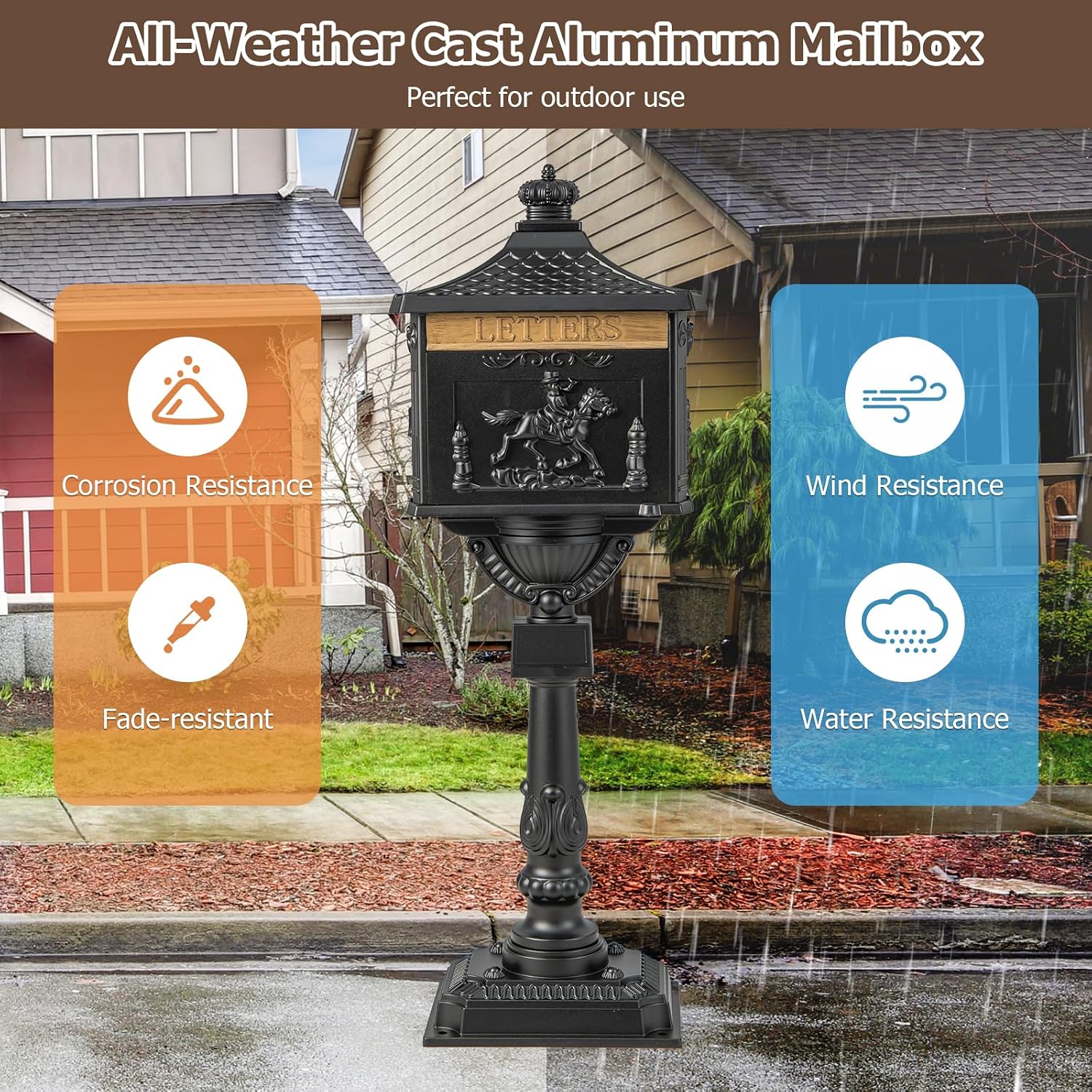 Goplus Mailbox Cast Aluminum with Post, Heavy Duty Locking Security Mail Box for House Outside, Vintage Postal Box with Keys & Baffle Door, Large, Freestanding, Post Mount